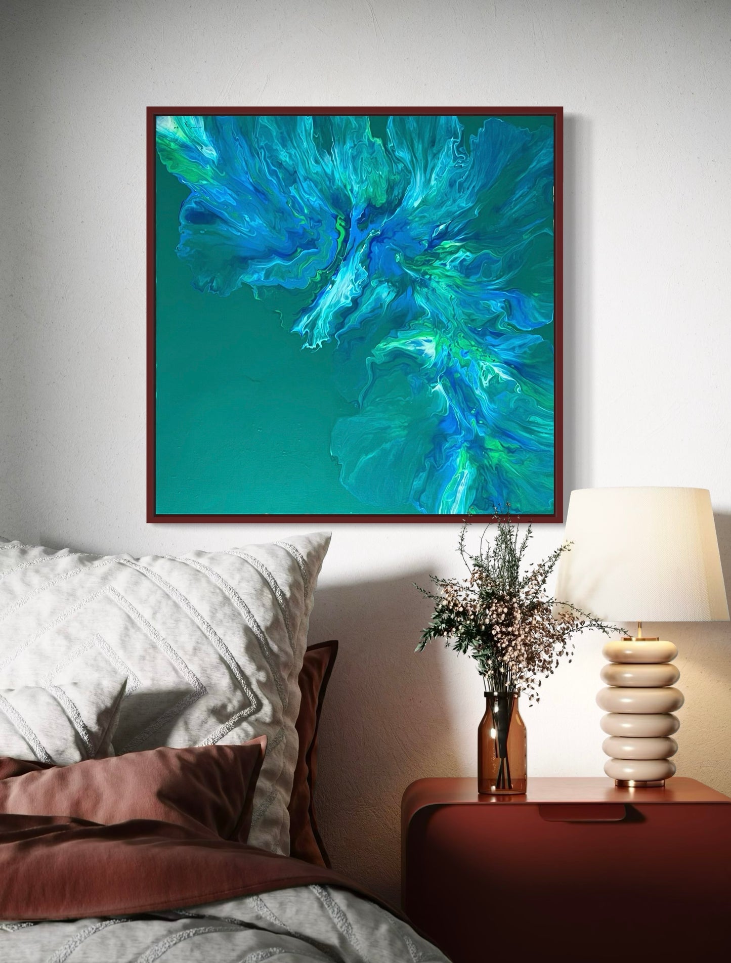 Abstract acrylic painting in strong blue, green and turquoise tones with lively flowing structures on an emerald green background - modern fluid art artwork with organic dynamics for contemporary interiors.
