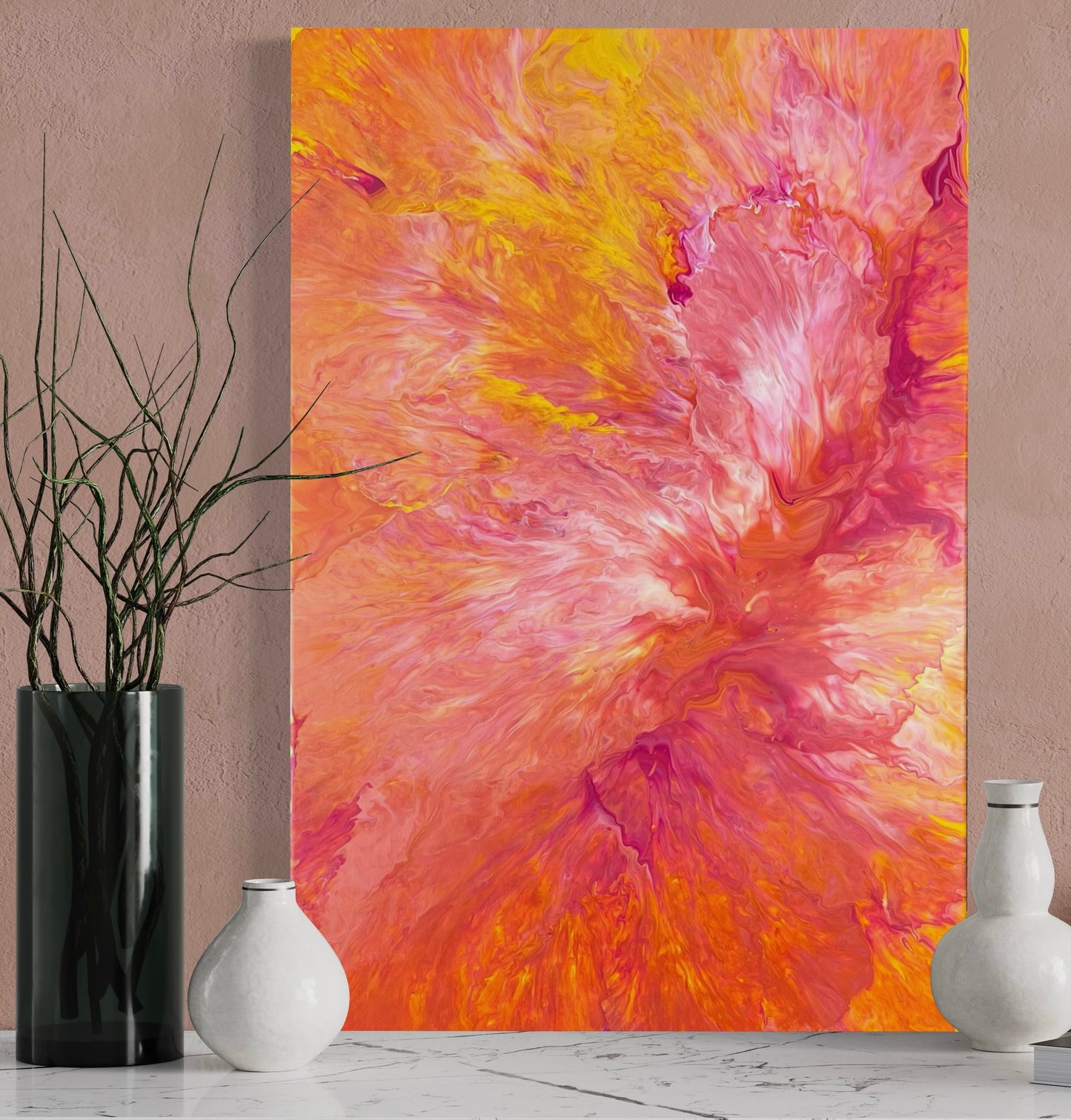 Abstract acrylic painting in bright yellow, orange and red tones with fiery flowing structures - modern fluid art artwork as an energetic eye-catcher for creative interior design.