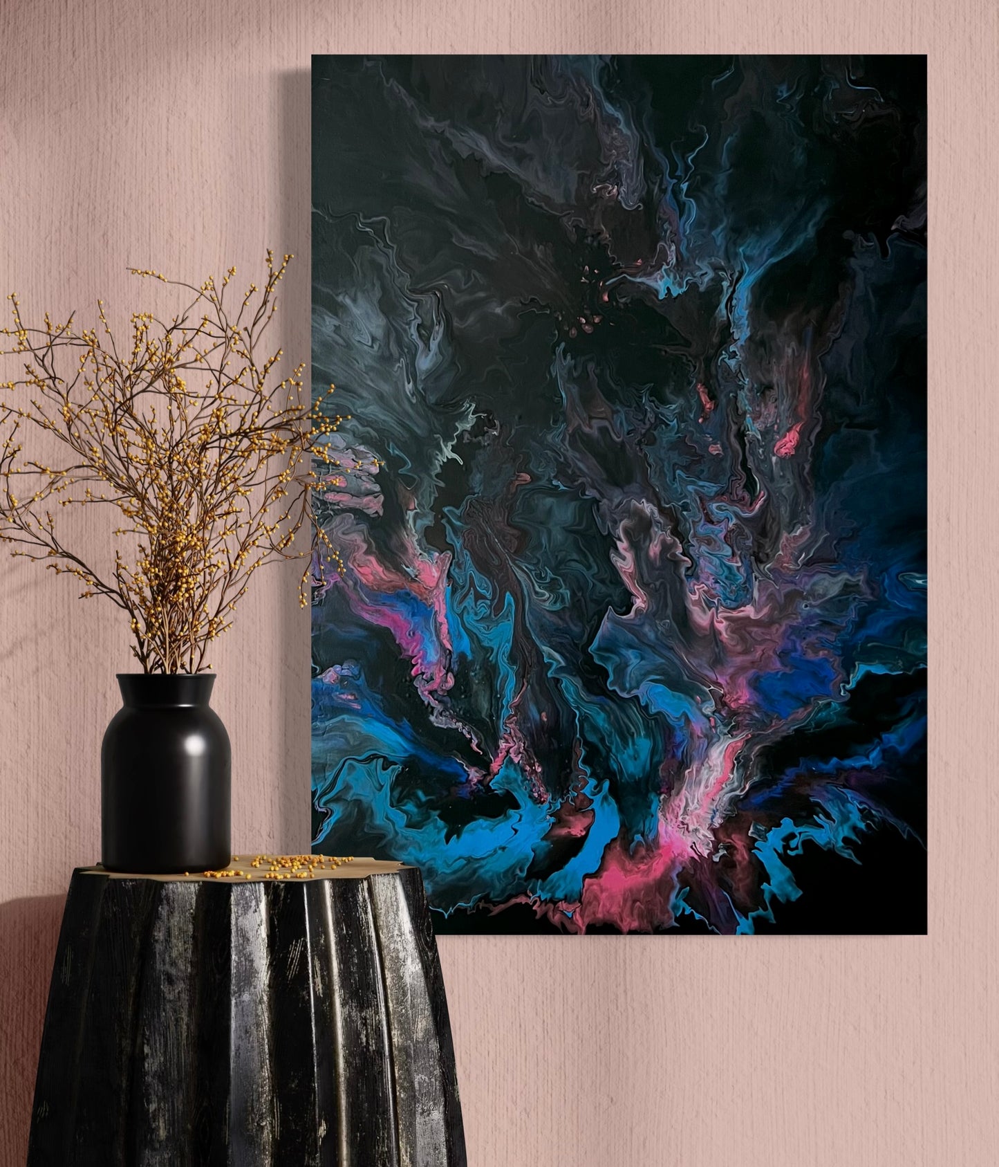 Abstract acrylic painting with dark background and luminous flowing structures in blue, pink, turquoise - modern fluid art artwork with mystical depth and lively movement.
