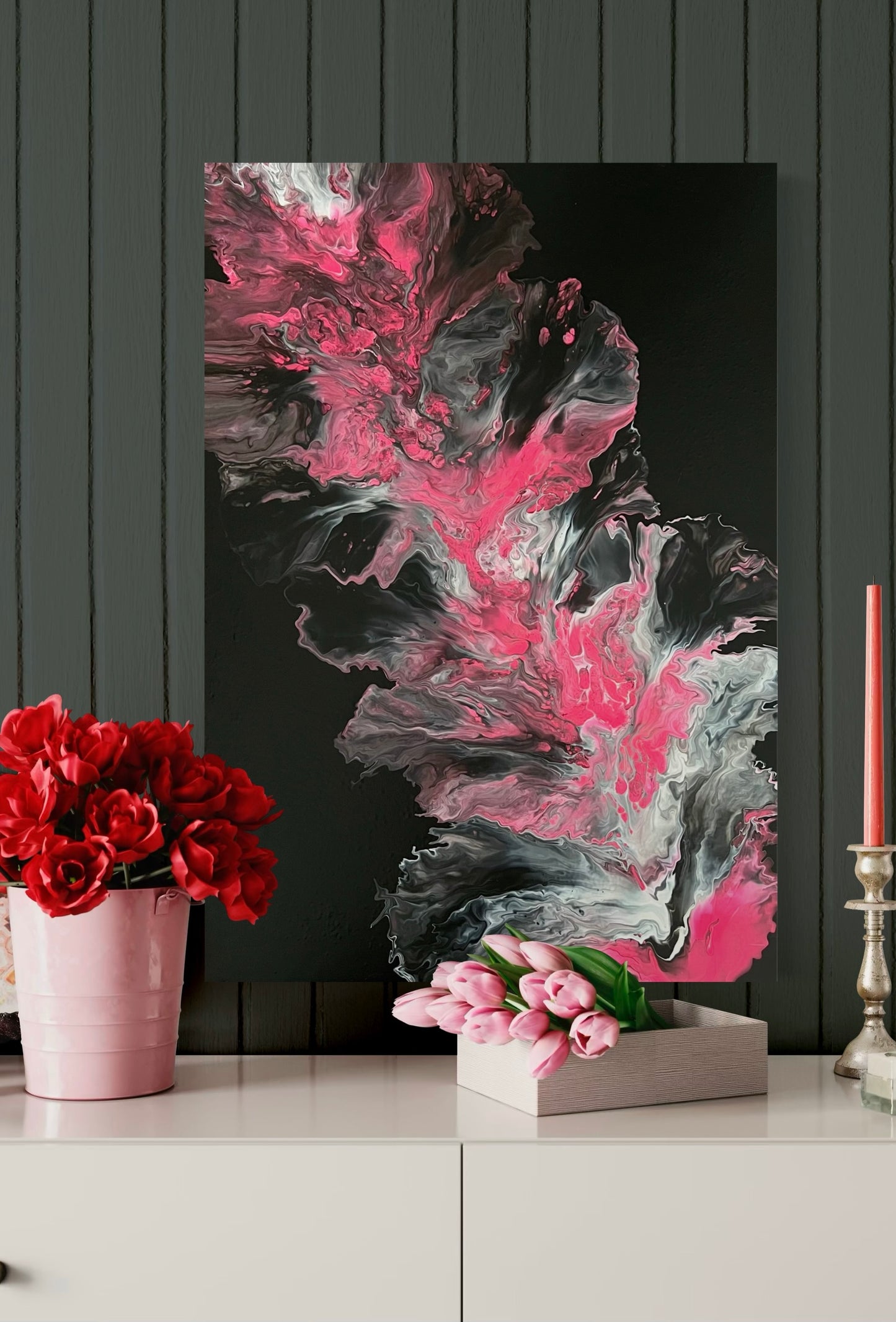 Dramatic acrylic painting with abstract flowing structures in strong pink, white and black on a dark background - modern wall art in fluid art technique for stylish interior design.