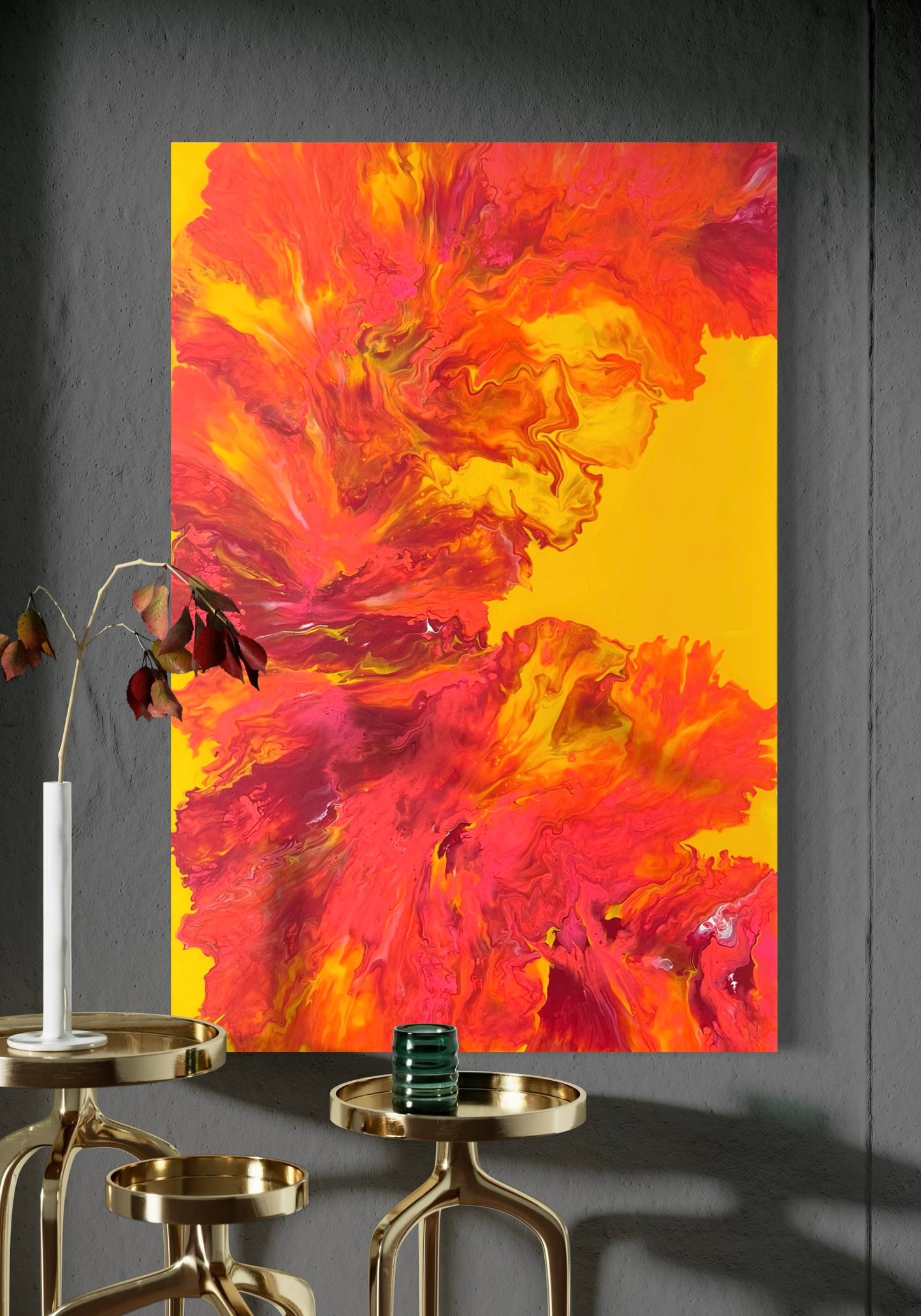 Luminous acrylic painting with abstract flowing structures in intense red and orange on a yellow background - modern fluid art artwork with a fiery radiance for stylish interiors.