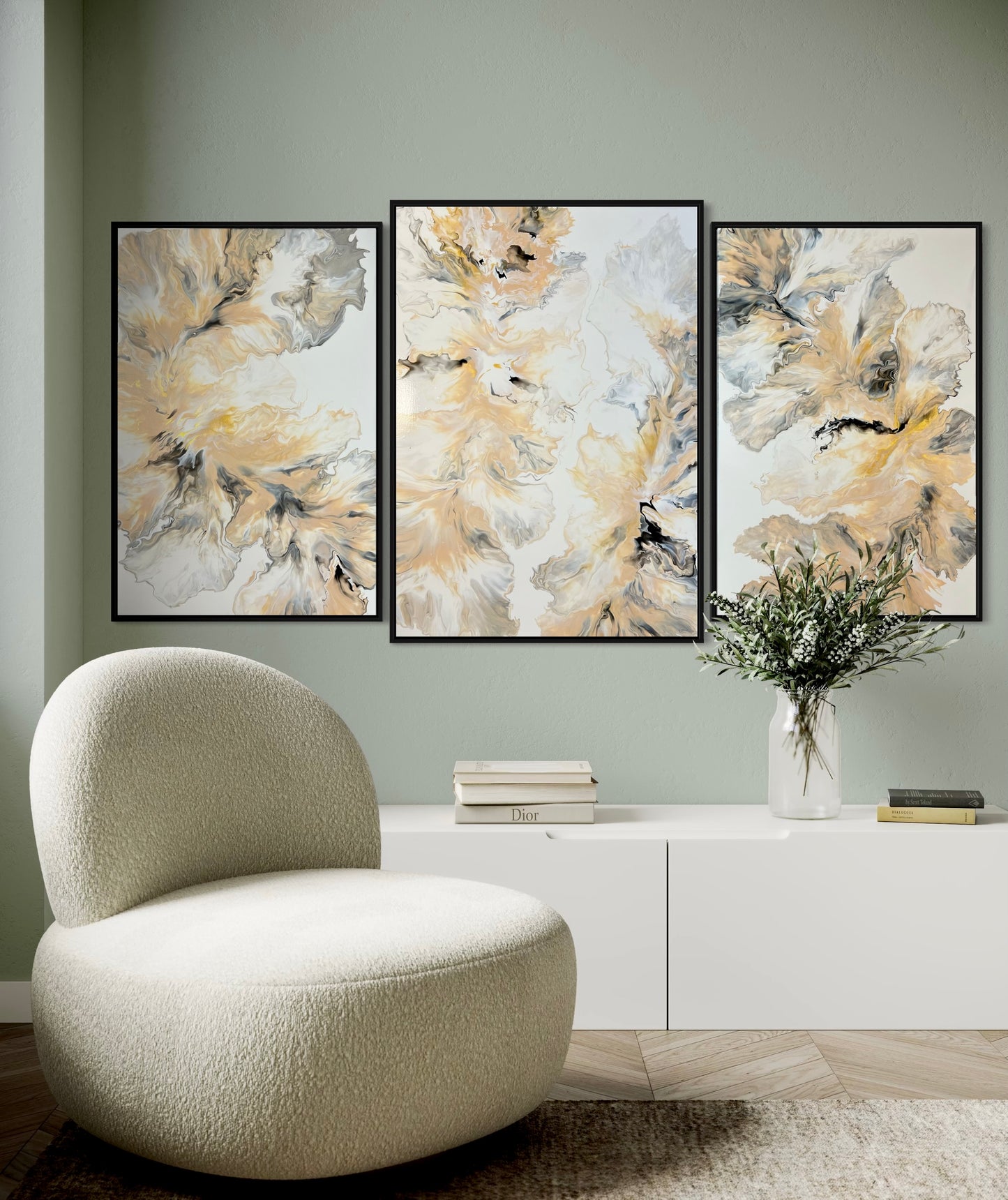 Three-part abstract acrylic painting series in soft beige, gold, and gray tones on light canvas. The flowing, cloud-like shapes are reminiscent of delicate petals or fine layers of marble, giving the composition a refined, tranquil aura. The harmonious color palette and soft transitions create elegance and balance.