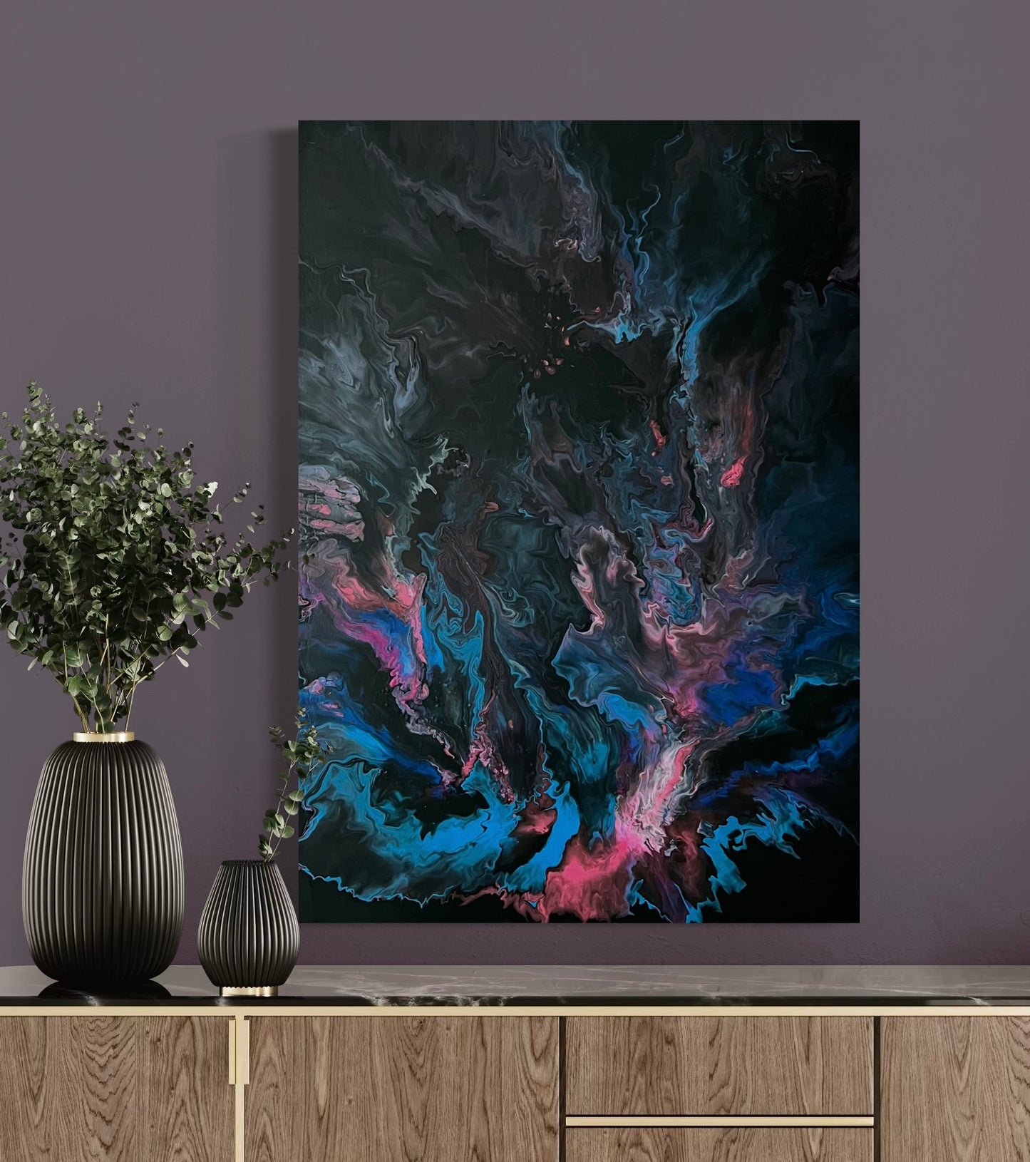Abstract acrylic painting with dark background and luminous flowing structures in blue, pink, turquoise - modern fluid art artwork with mystical depth and lively movement.