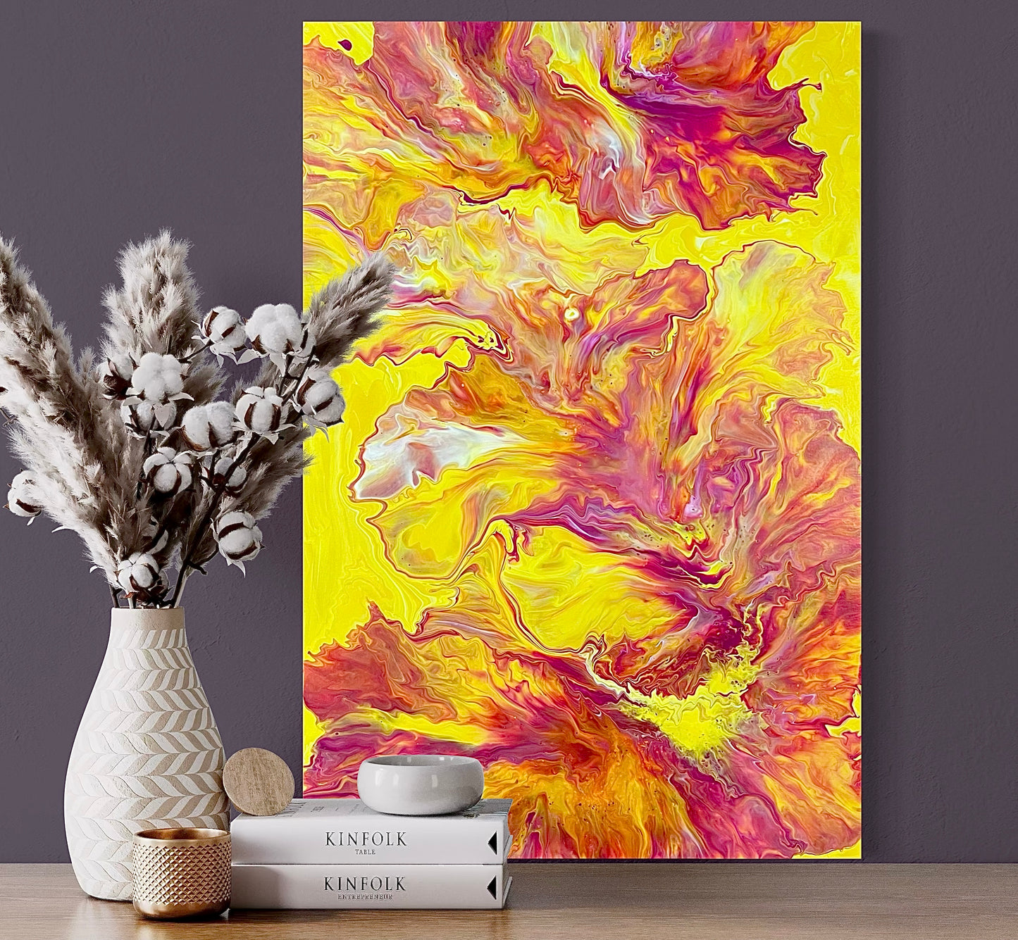 Abstract acrylic painting in intense shades of yellow, orange, pink, and red with flowing, energetic color gradients. The dynamic structure is reminiscent of fire, light, and movement, creating a lively, powerful aura. Contemporary abstract art on canvas—a unique, hand-painted piece, ideal for modern living spaces or galleries.