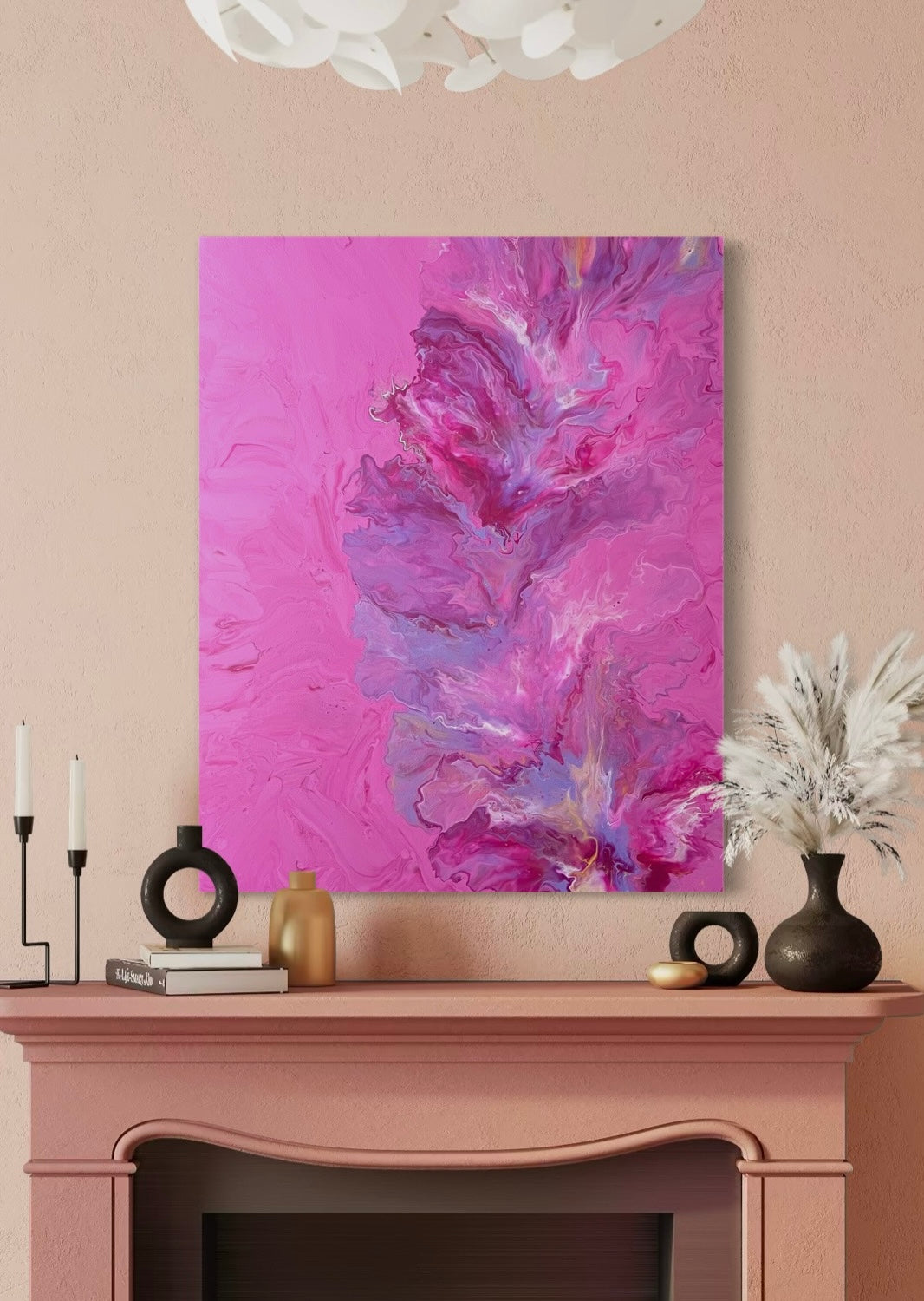 Abstract acrylic painting in vibrant shades of pink, purple and magenta with dynamic flow technique on canvas - modern work of art as an eye-catcher for contemporary living spaces.