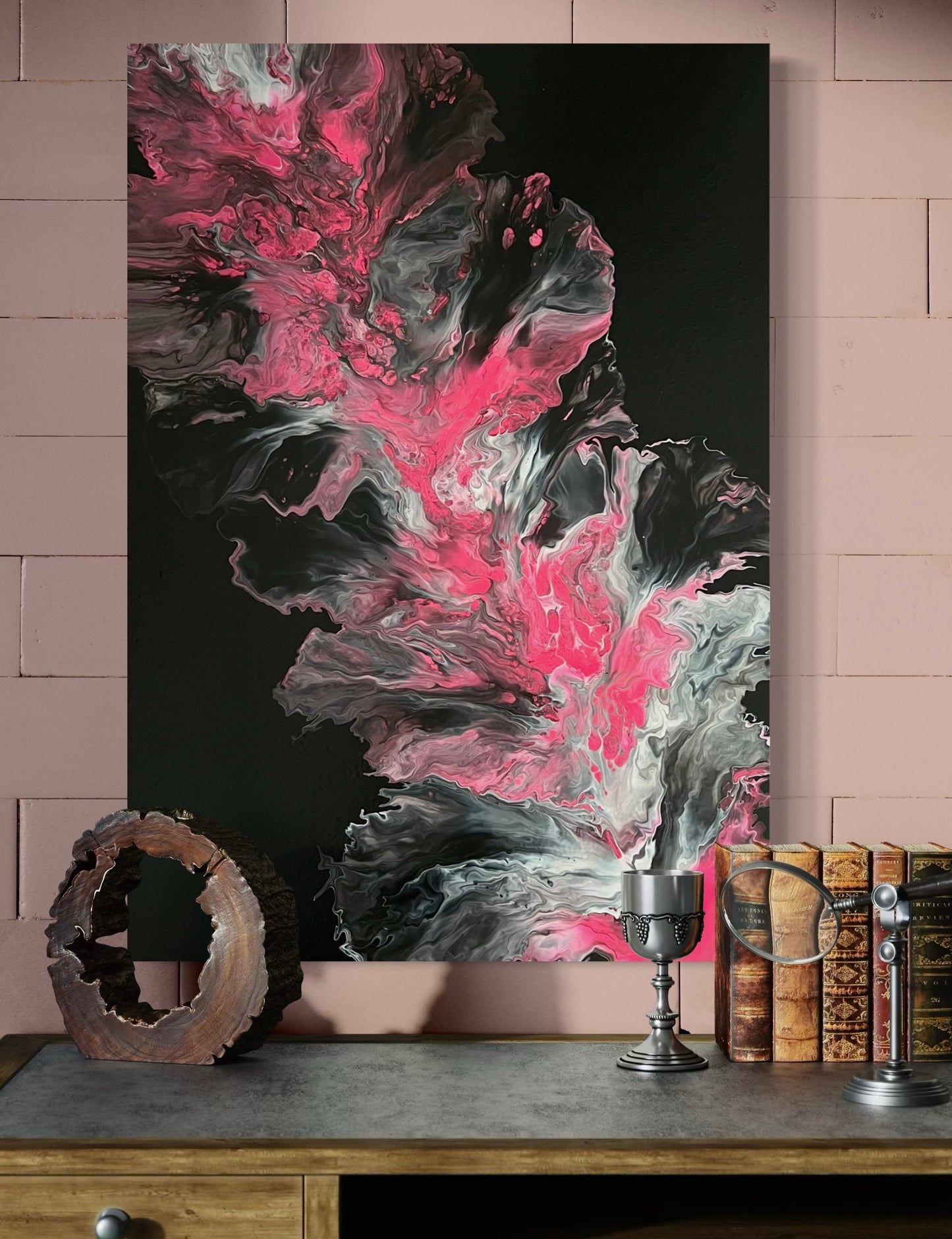 Dramatic acrylic painting with abstract flowing structures in strong pink, white and black on a dark background - modern wall art in fluid art technique for stylish interior design.