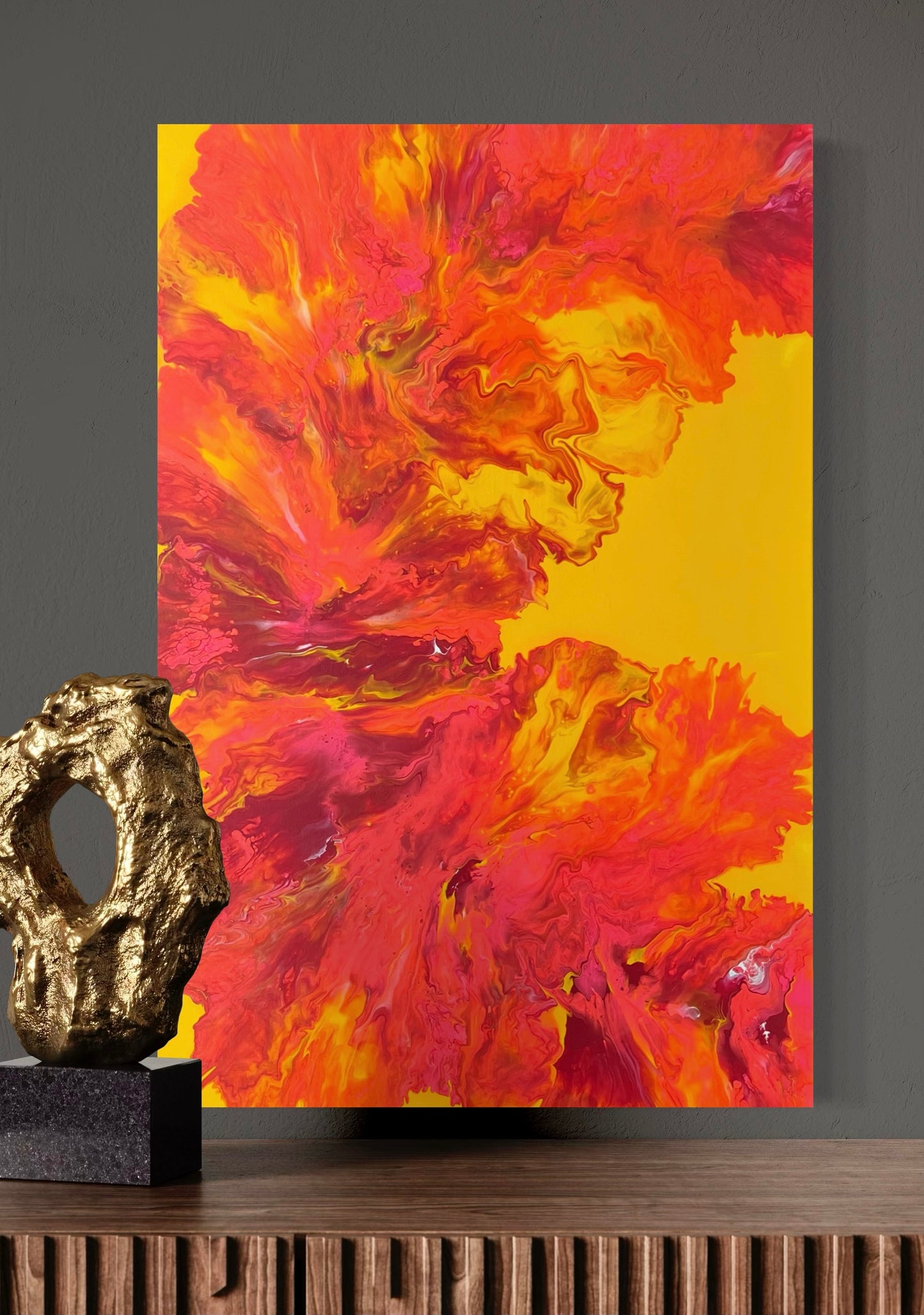 Luminous acrylic painting with abstract flowing structures in intense red and orange on a yellow background - modern fluid art artwork with a fiery radiance for stylish interiors.
