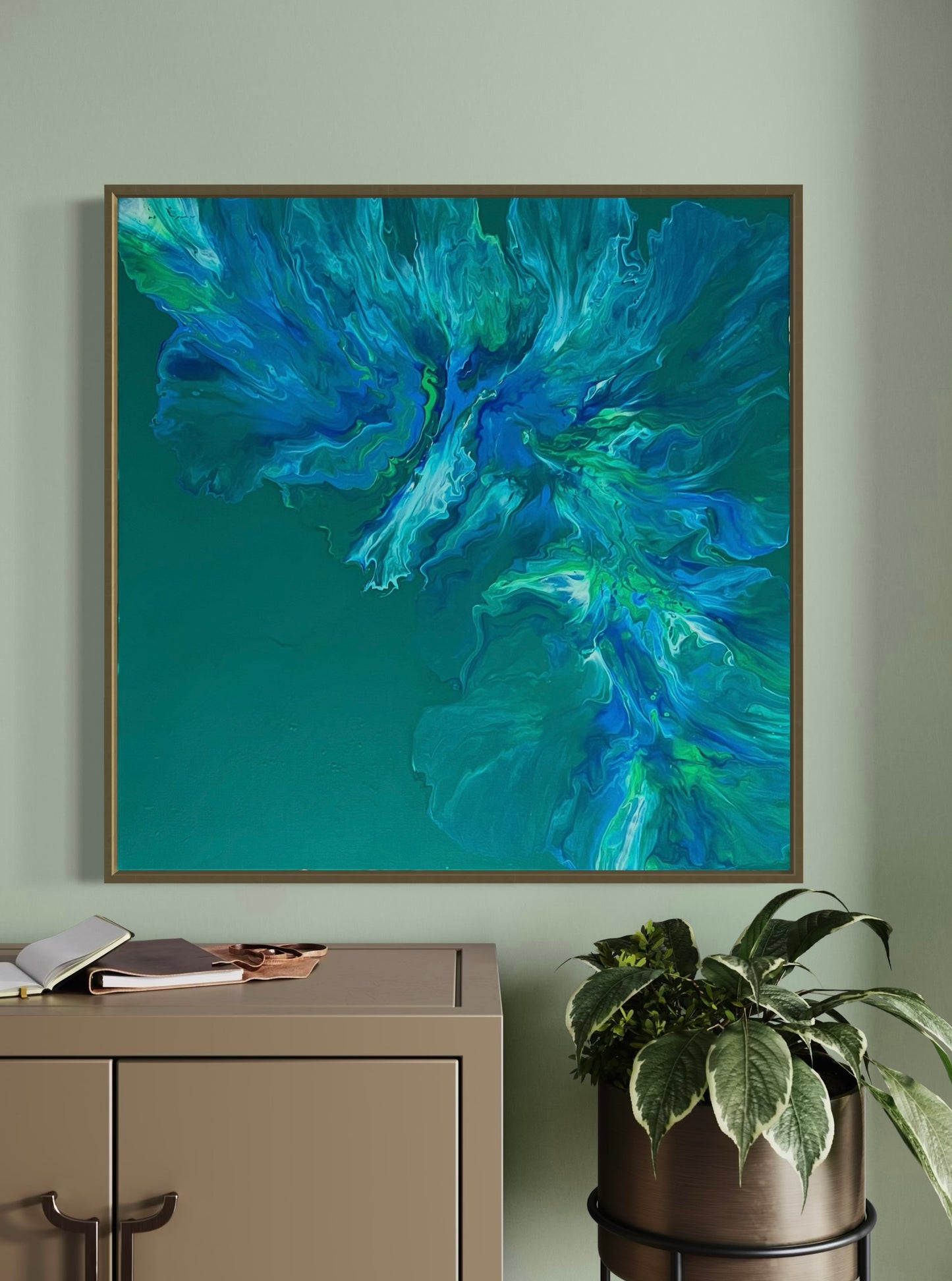 Abstract acrylic painting in strong blue, green and turquoise tones with lively flowing structures on an emerald green background - modern fluid art artwork with organic dynamics for contemporary interiors.