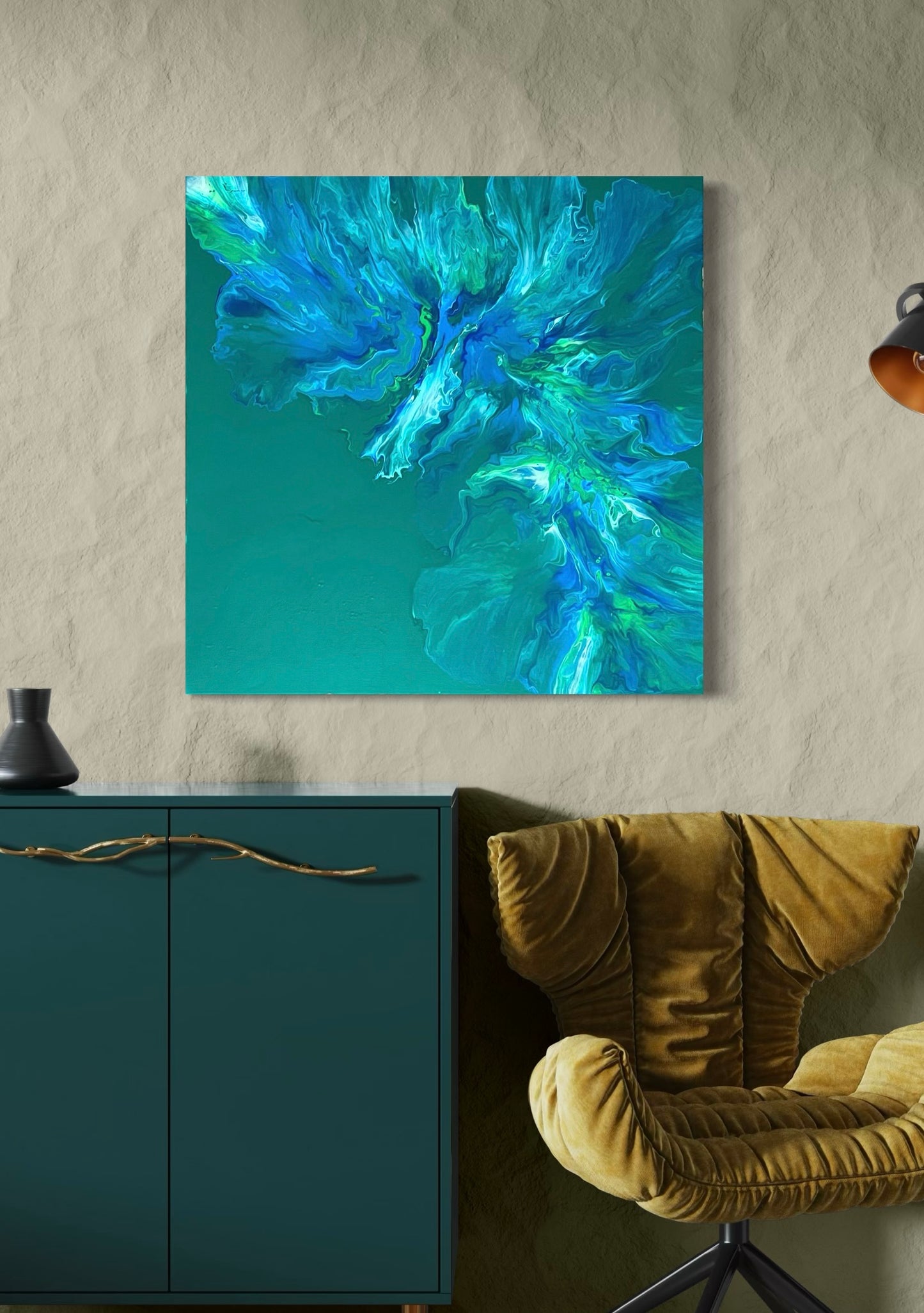 Abstract acrylic painting in strong blue, green and turquoise tones with lively flowing structures on an emerald green background - modern fluid art artwork with organic dynamics for contemporary interiors.