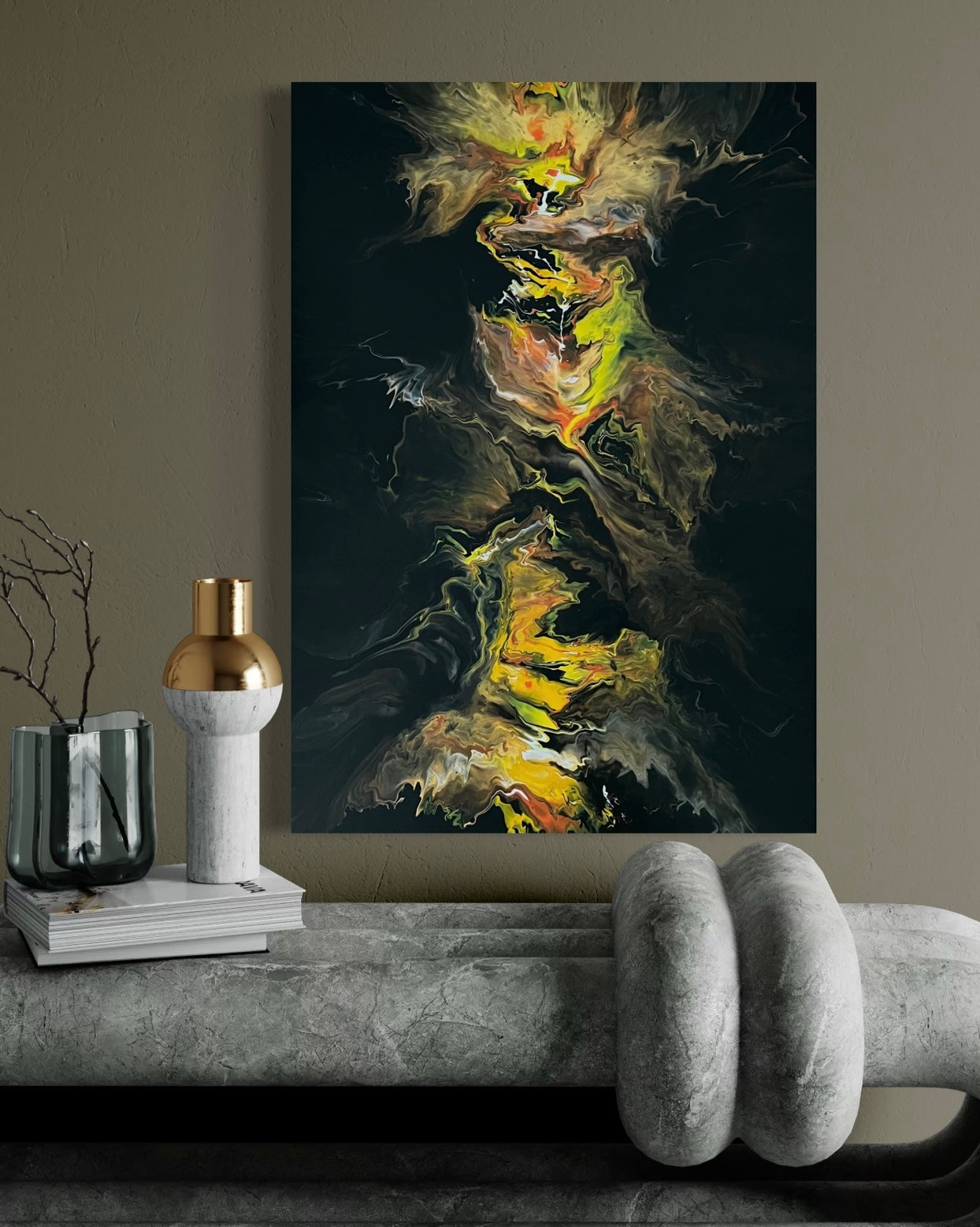 Abstract acrylic painting with bright yellow, orange and black tones in a vertical flow technique - expressive fluid art artwork with fiery dynamics on a black background.