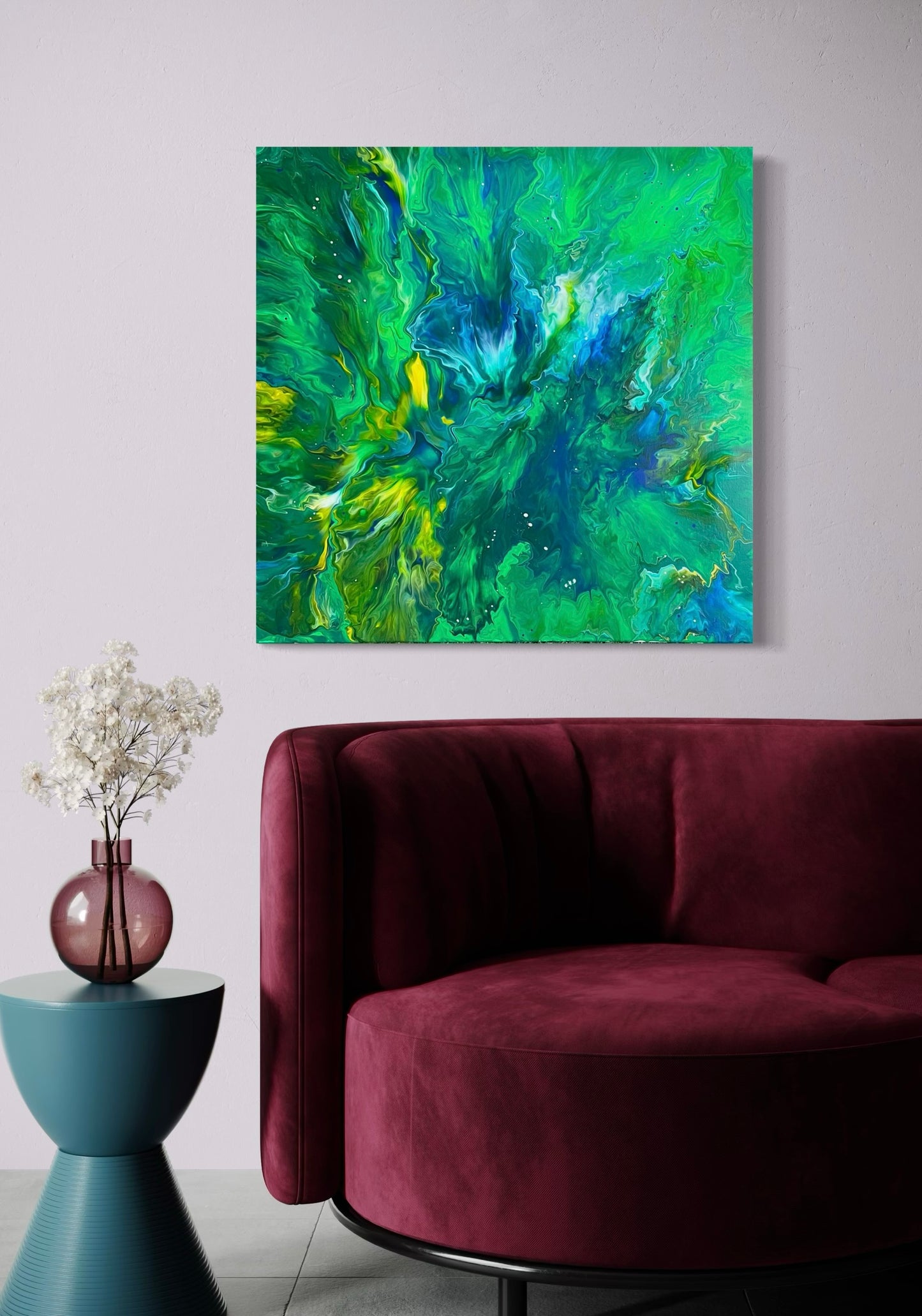 Abstract acrylic painting in strong green, blue and yellow with dynamic flow structures - modern fluid art artwork with vibrant energy, ideal for creative and natural interior design