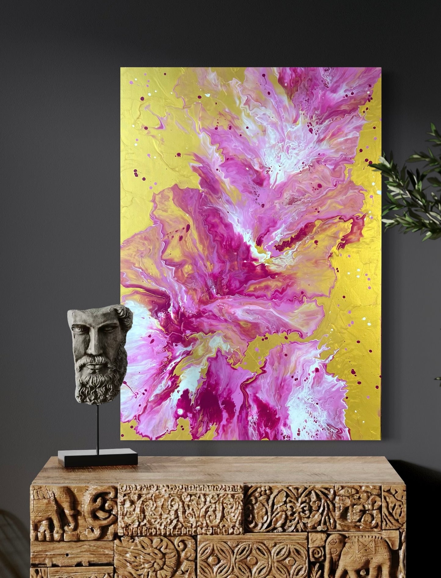 Abstract acrylic painting with lively tile structures in magenta and white on a bright golden background - modern fluid art artwork with an energetic look for creative interior design.