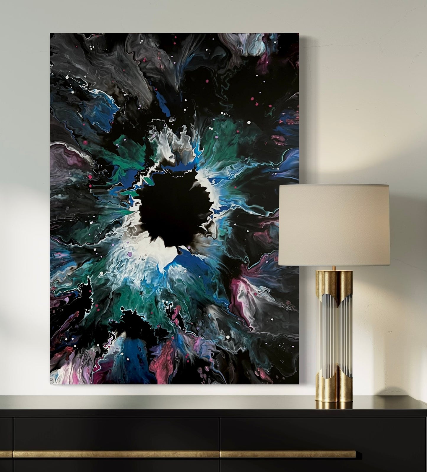 Abstract acrylic painting with a dark center and vivid color spill in green, blue, purple and white on a black background - modern fluid art artwork with explosive galaxy effect and dynamic depth.