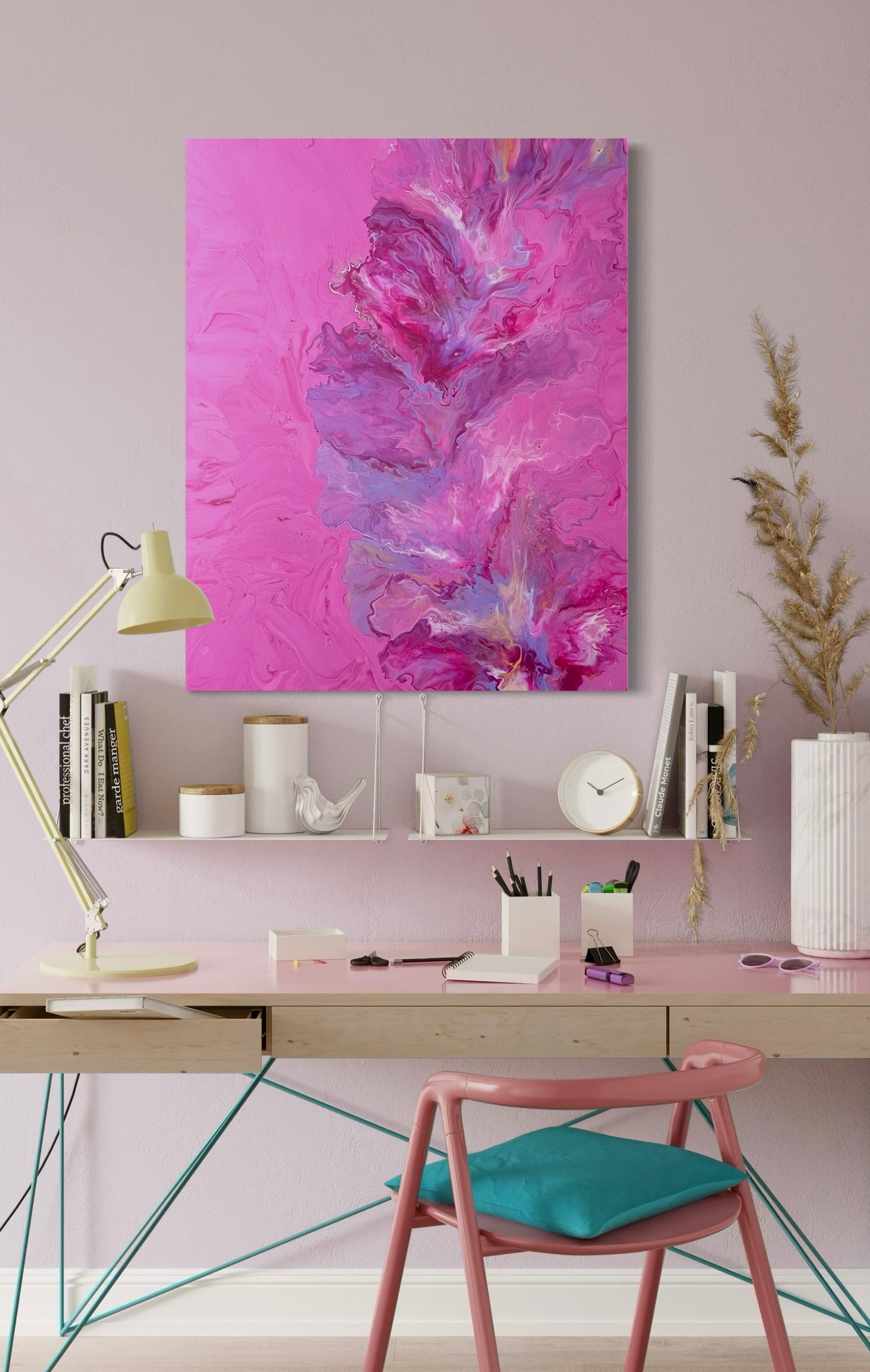 Abstract acrylic painting in vibrant shades of pink, purple and magenta with dynamic flow technique on canvas - modern work of art as an eye-catcher for contemporary living spaces.