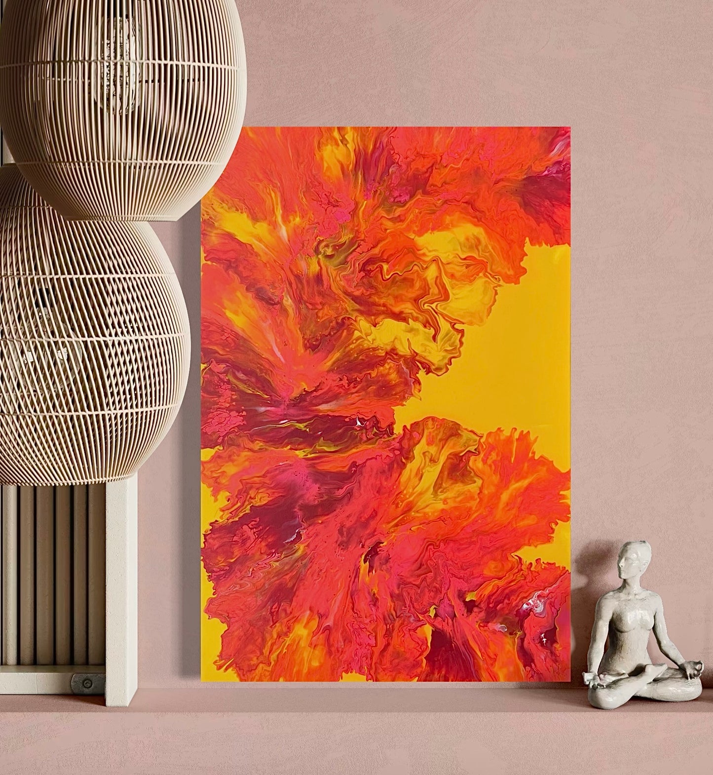 Luminous acrylic painting with abstract flowing structures in intense red and orange on a yellow background - modern fluid art artwork with a fiery radiance for stylish interiors.