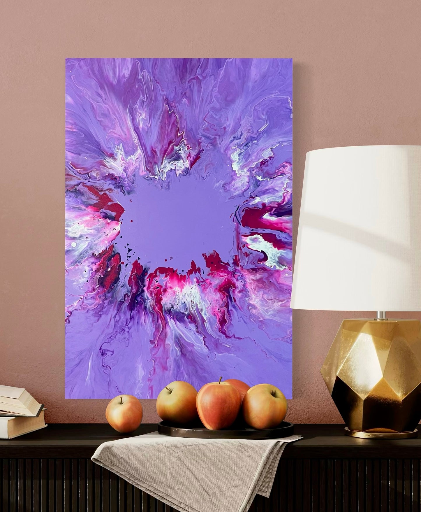 Abstract acrylic painting with purple background and dynamic flowing structures in purple, pink and white - modern fluid art artwork with energetic center and expressive color gradient.
