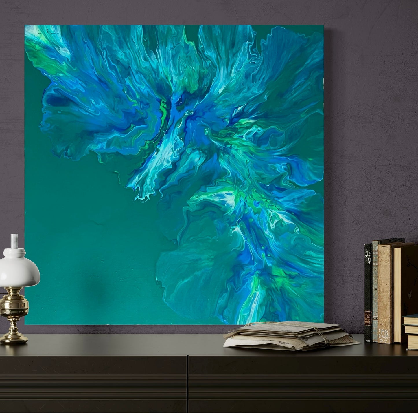 Abstract acrylic painting in strong blue, green and turquoise tones with lively flowing structures on an emerald green background - modern fluid art artwork with organic dynamics for contemporary interiors.