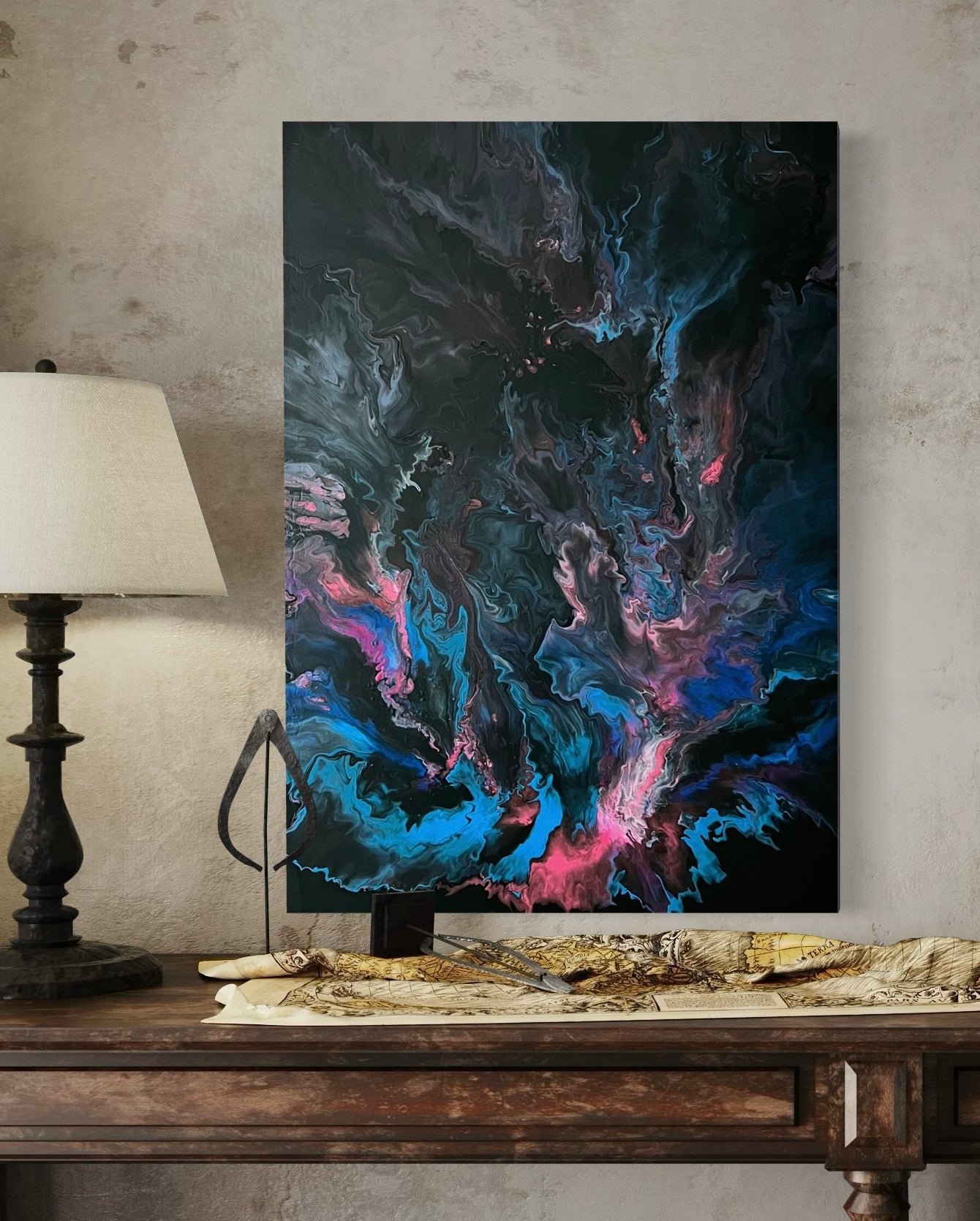 Abstract acrylic painting with dark background and luminous flowing structures in blue, pink, turquoise - modern fluid art artwork with mystical depth and lively movement.