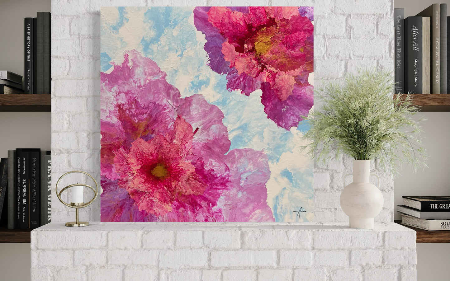 Acrylic painting featuring large, abstract flowers in bright shades of pink, rose, and violet on a light, sky-blue background. The delicate flower shapes appear lively and dynamic, with gentle color gradients and fine structures that create depth and movement. Hand-painted, one-of-a-kind piece in the modern floral art style—modern floral art on canvas that radiates freshness, lightness, and joie de vivre.