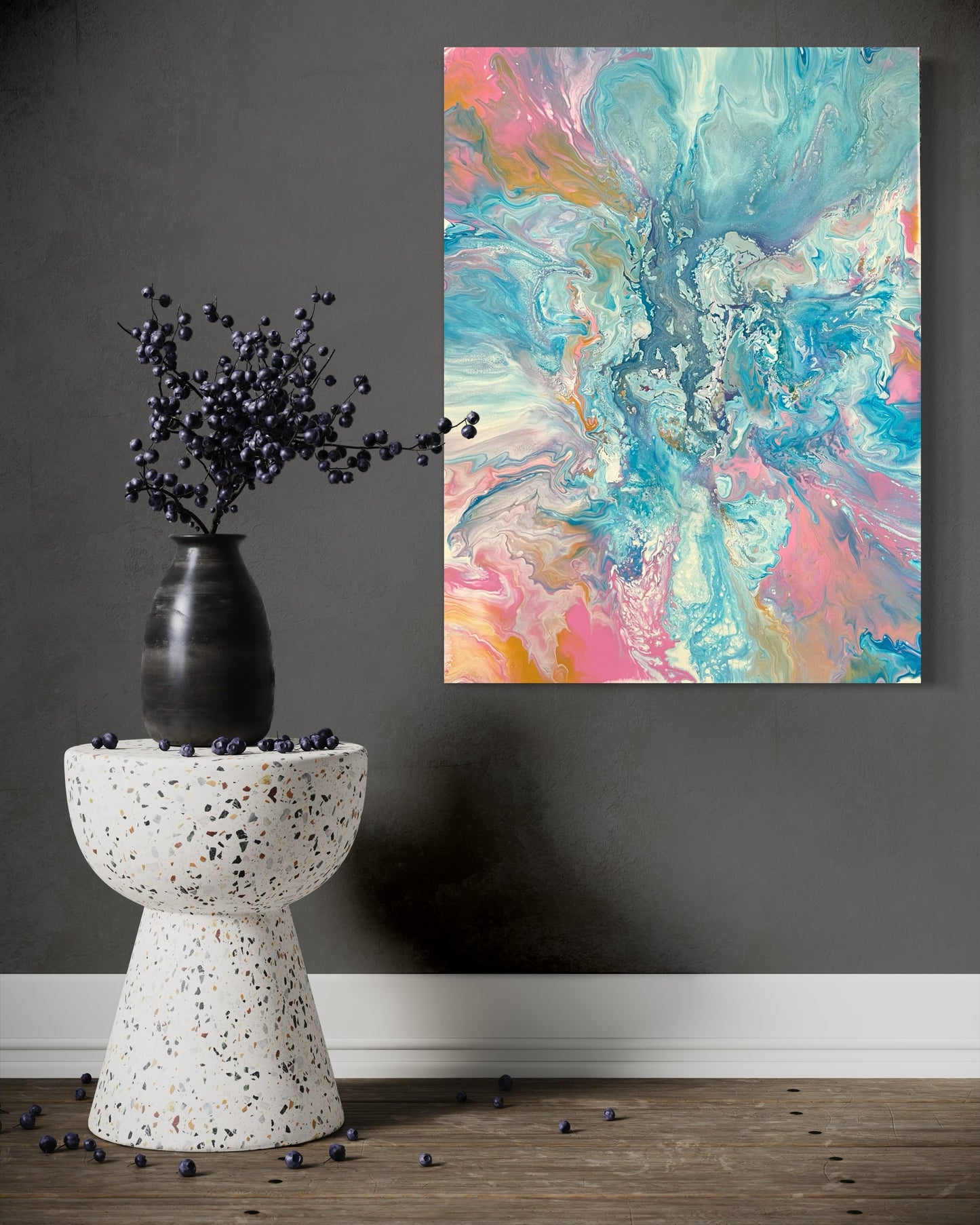 Abstract acrylic painting in soft turquoise, pink, blue and white tones with a marbled flow structure - modern fluid art artwork with a calming, organic look for stylish interior design.