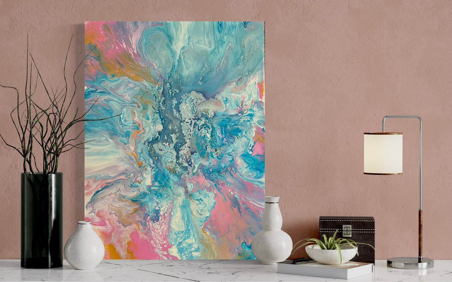 Abstract acrylic painting in soft turquoise, pink, blue and white tones with a marbled flow structure - modern fluid art artwork with a calming, organic look for stylish interior design.