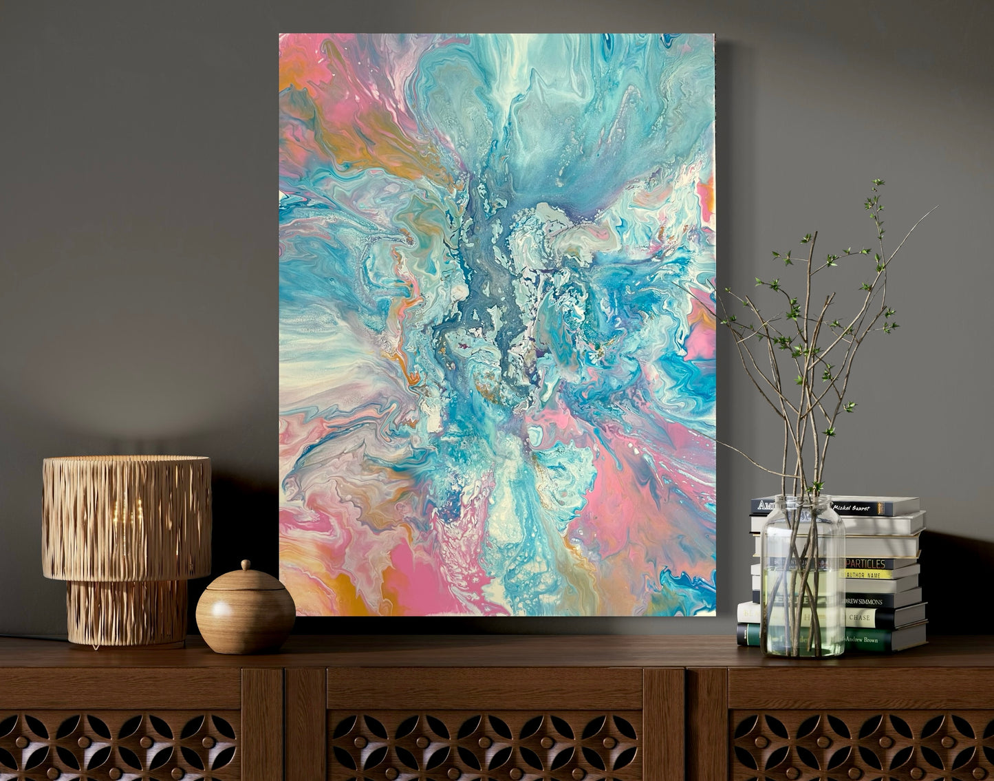 Abstract acrylic painting in soft turquoise, pink, blue and white tones with a marbled flow structure - modern fluid art artwork with a calming, organic look for stylish interior design.