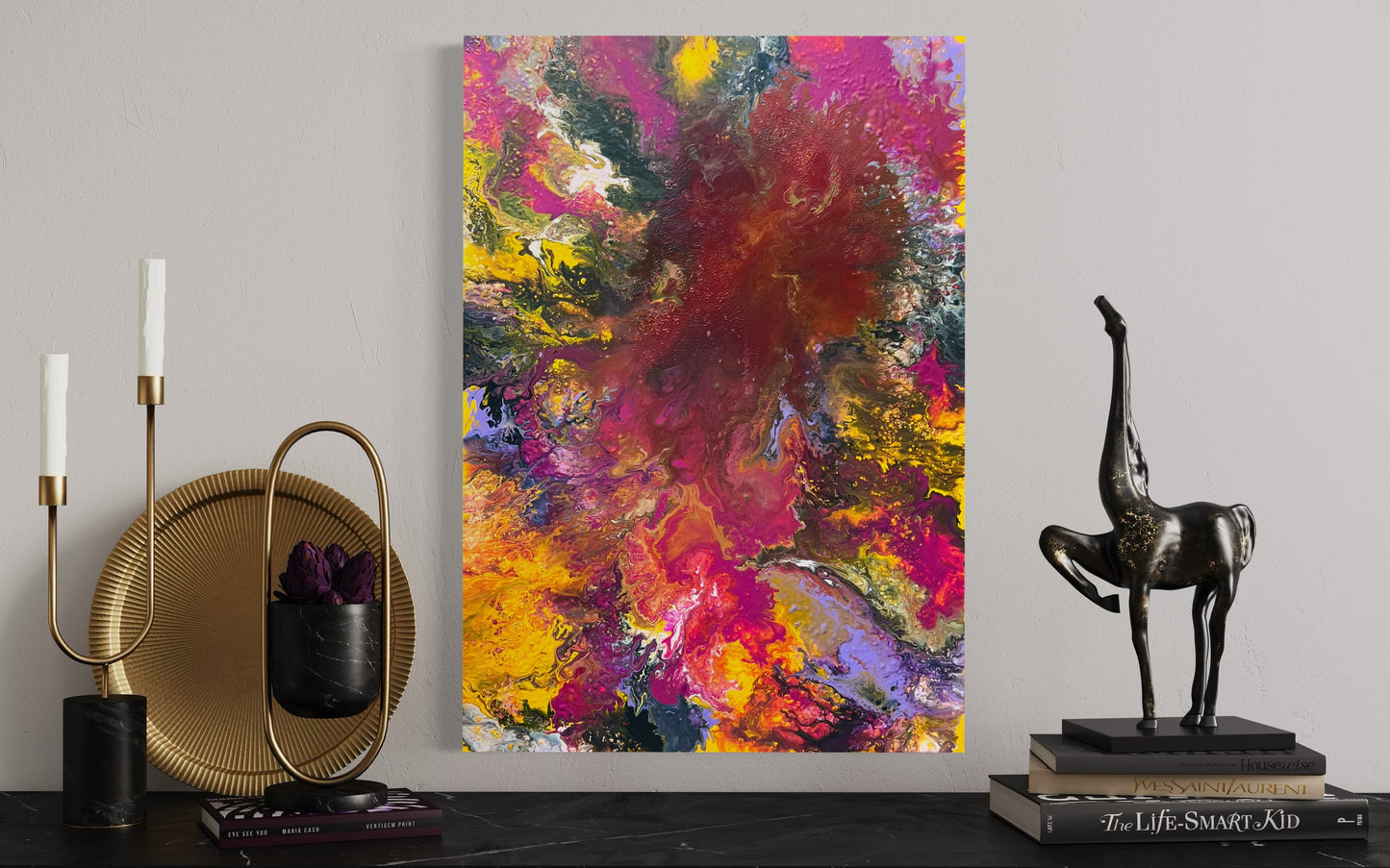Abstract acrylic painting in intense shades of red, yellow, pink, and purple with vibrant, flowing structures and shimmering gold accents. The composition is reminiscent of an explosion of color and energy and conveys dynamism, passion, and creative freedom. Hand-painted unique piece in the fluid art style—modern abstract art on canvas, ideal as a colorful eye-catcher in living rooms or galleries.