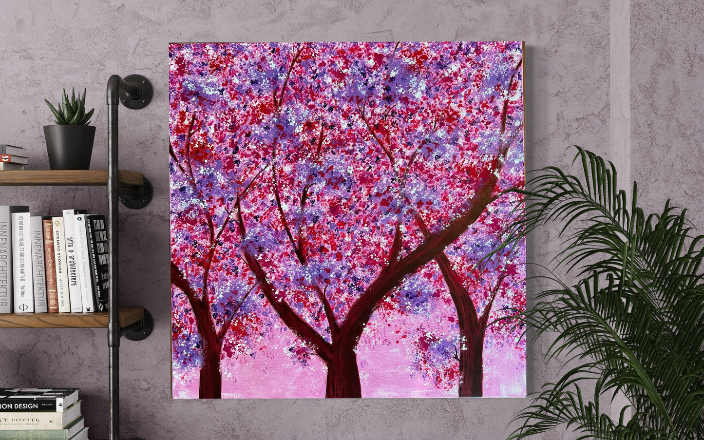Colorful acrylic painting with blossoming trees in purple, pink and red tones on a pink background - impressionistic depiction of a spring forest with strong tree trunks and lively leaf structure.
