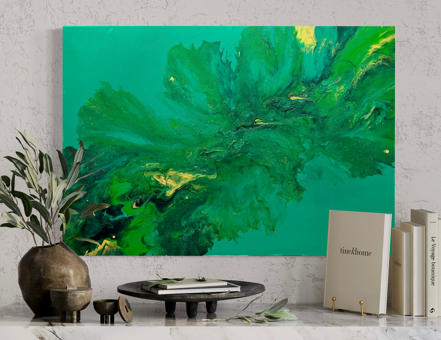 Abstract acrylic painting in vibrant shades of green, turquoise, and yellow with organic, flowing shapes. The composition is reminiscent of nature, plants, or water movements and radiates freshness, tranquility, and vitality. Hand-painted unique piece in the fluid art style—modern abstract art on canvas, ideal as a harmonious color accent in contemporary living spaces or offices.