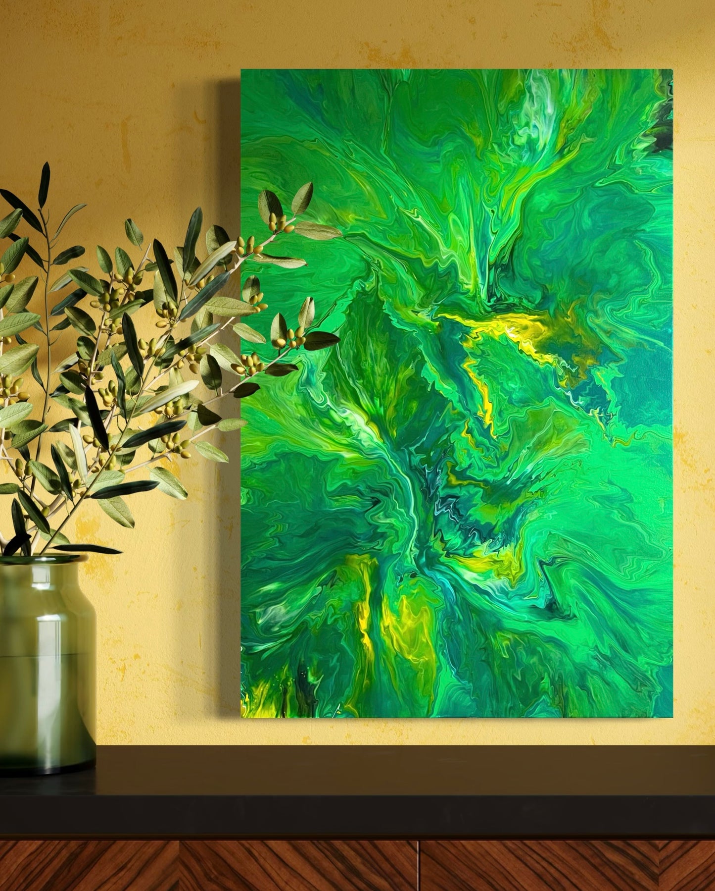 Abstract acrylic painting in vibrant green tones with yellow accents and dynamic flowing structure - modern fluid art artwork with organic energy for stylish interior design.