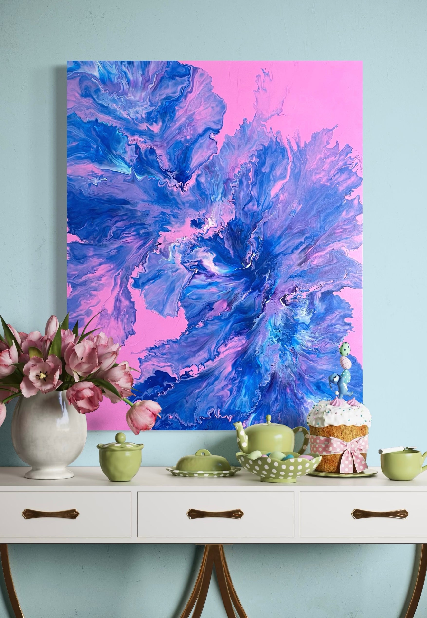 Abstract acrylic painting with vivid blue, purple and turquoise tones on a pink background - modern fluid art artwork with dynamic flowing structures for creative wall design.