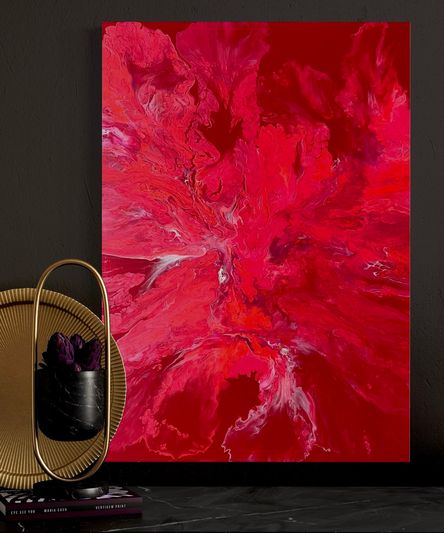 Abstract acrylic painting in intense red tones with flowing structures and dynamic play of colors - powerful fluid art artwork on a red background as a modern eye-catcher for expressive interior design.