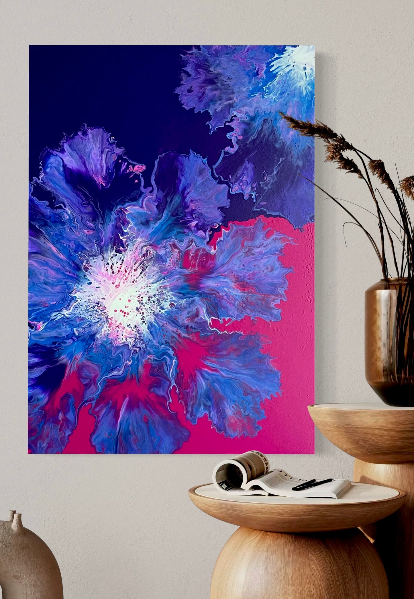 Abstract acrylic painting with strong flowing structures in purple, pink, blue and white on a purple-pink background - modern fluid art artwork with a luminous center and energetic color gradient.