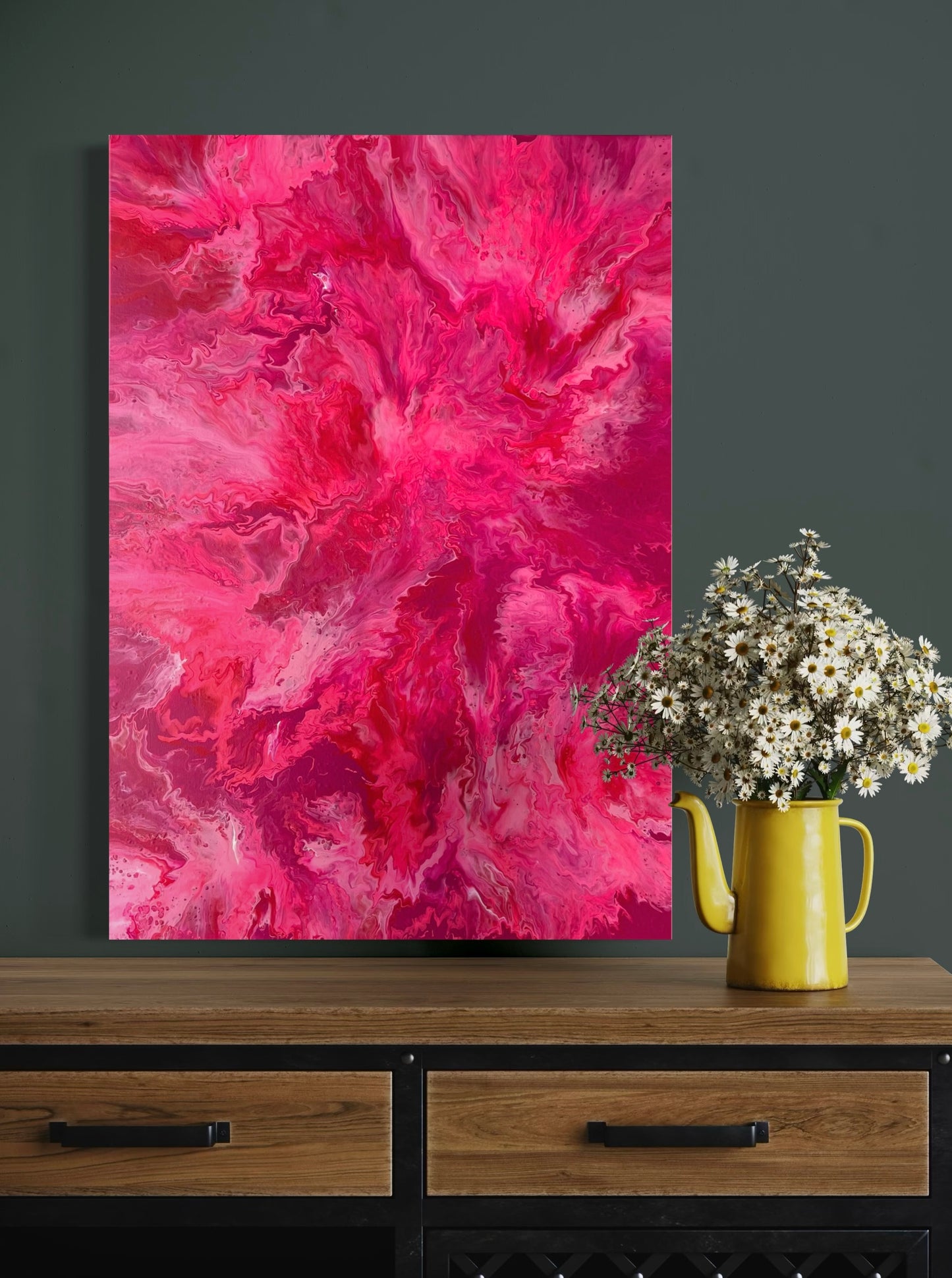 Abstract acrylic painting in intense pink, rose and red tones with organic, flowing shapes - modern fluid art artwork eye-catching color accent for contemporary living spaces.