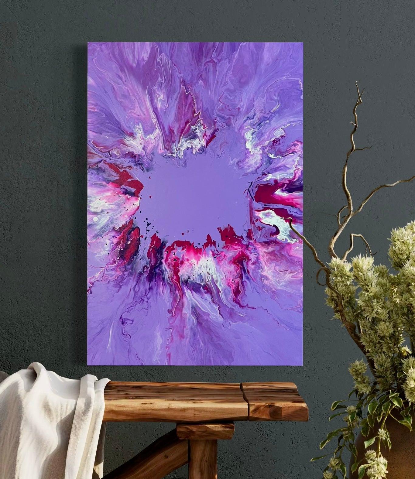 Abstract acrylic painting with purple background and dynamic flowing structures in purple, pink and white - modern fluid art artwork with energetic center and expressive color gradient.