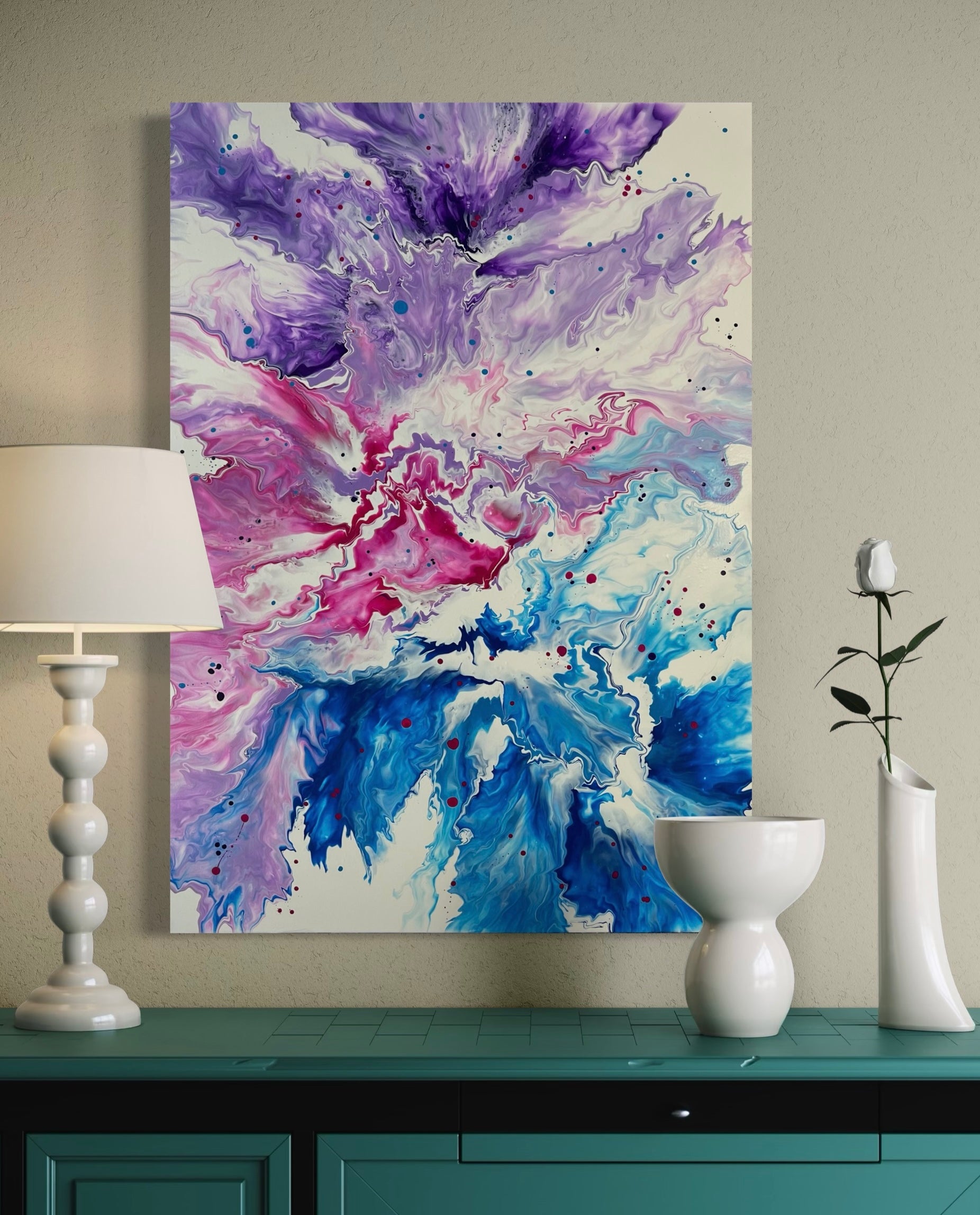 Abstract acrylic painting with lively flowing structures in purple, pink, blue and white on a light background - modern fluid art artwork with dynamic energy for stylish interiors.