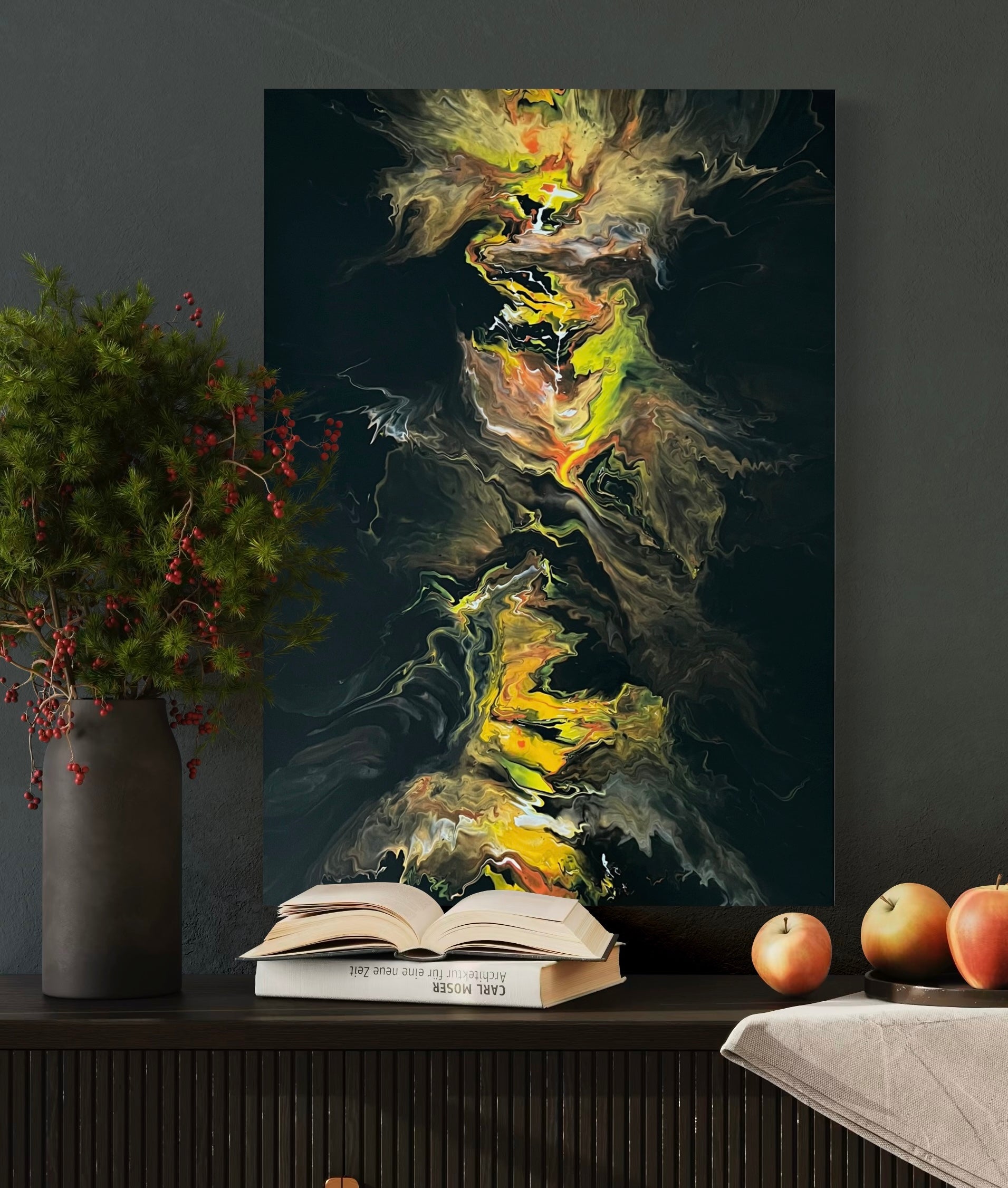 Abstract acrylic painting with bright yellow, orange and black tones in a vertical flow technique - expressive fluid art artwork with fiery dynamics on a black background.