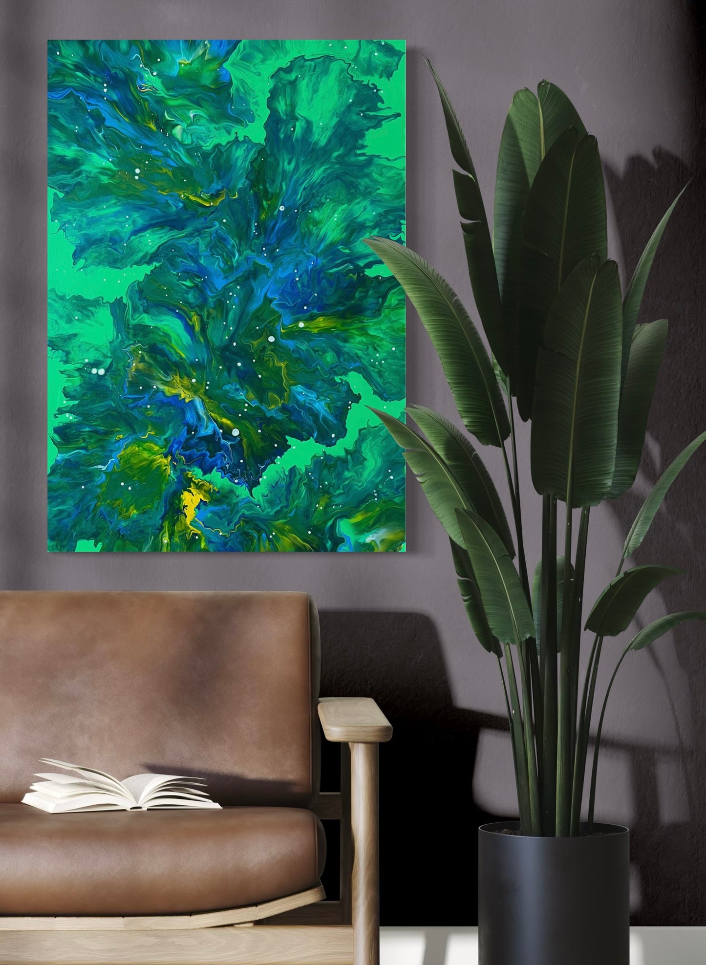 Abstract acrylic painting in bright green, blue and yellow with flowing textures and white accents - modern fluid art artwork as a natural color accent for contemporary living spaces.