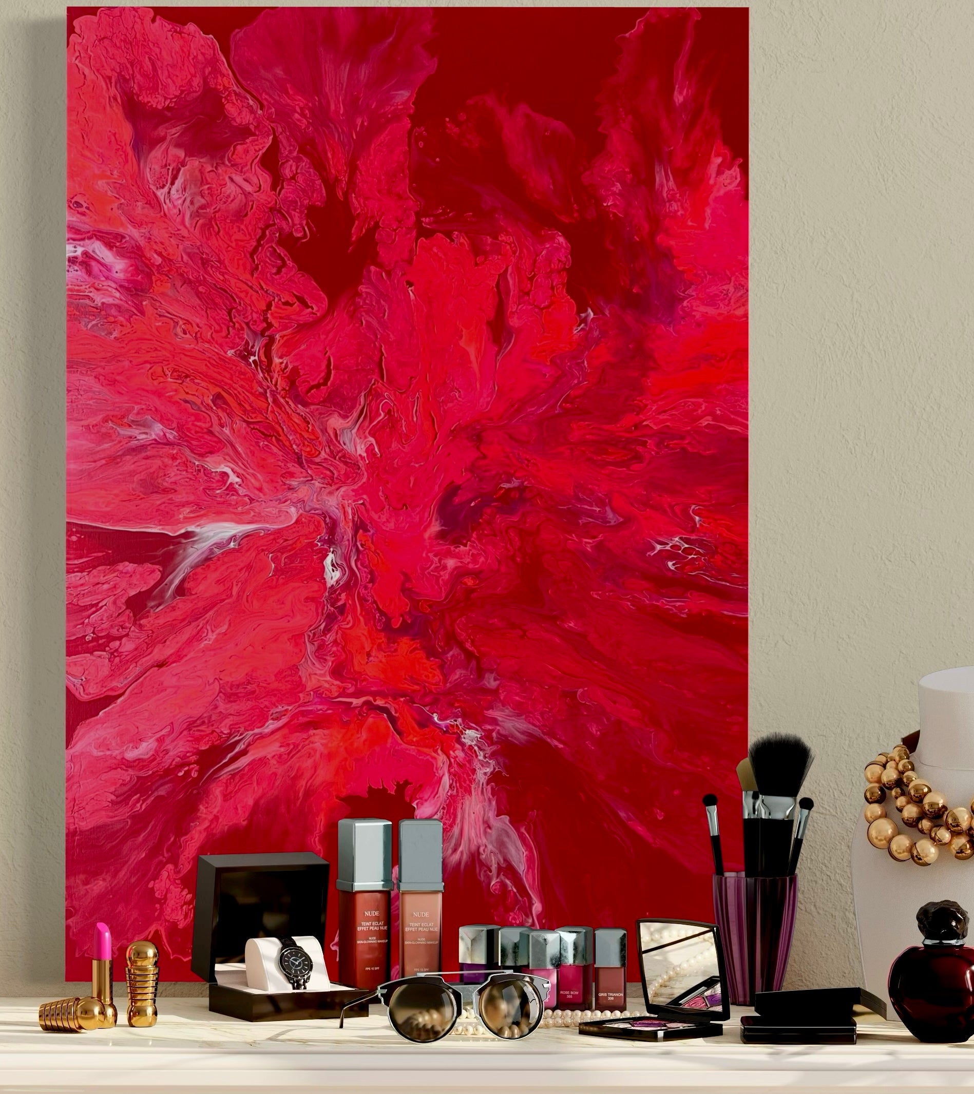 Abstract acrylic painting in intense red tones with flowing structures and dynamic play of colors - powerful fluid art artwork on a red background as a modern eye-catcher for expressive interior design.