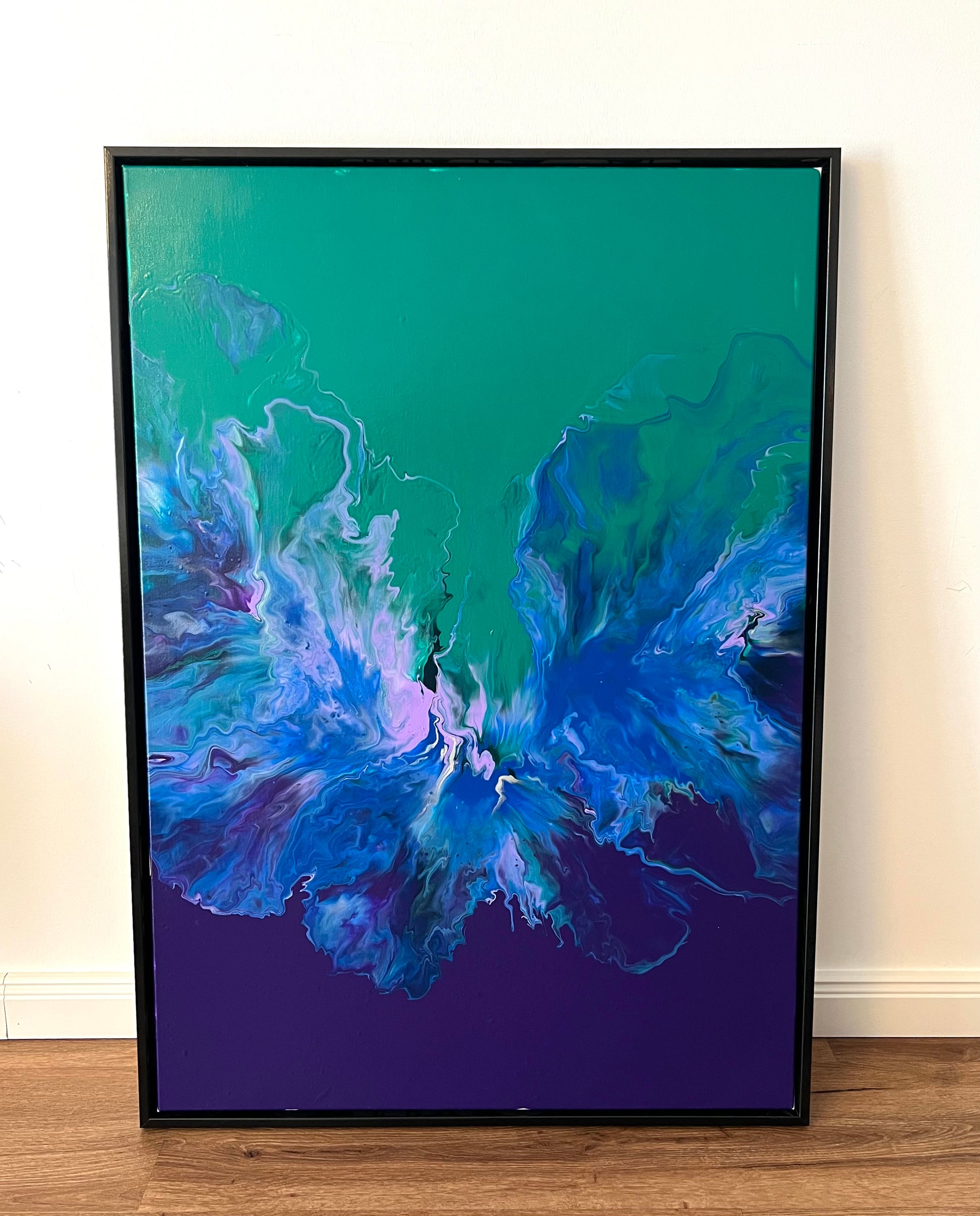 Abstract acrylic painting in intense shades of blue, turquoise, and green with flowing, ocean-like color gradients. The composition is reminiscent of water movements or natural formations and radiates calm, depth, and harmony. Hand-painted unique piece in the fluid art style—modern abstract painting on canvas, ideal as stylish wall decoration for contemporary living spaces or galleries.