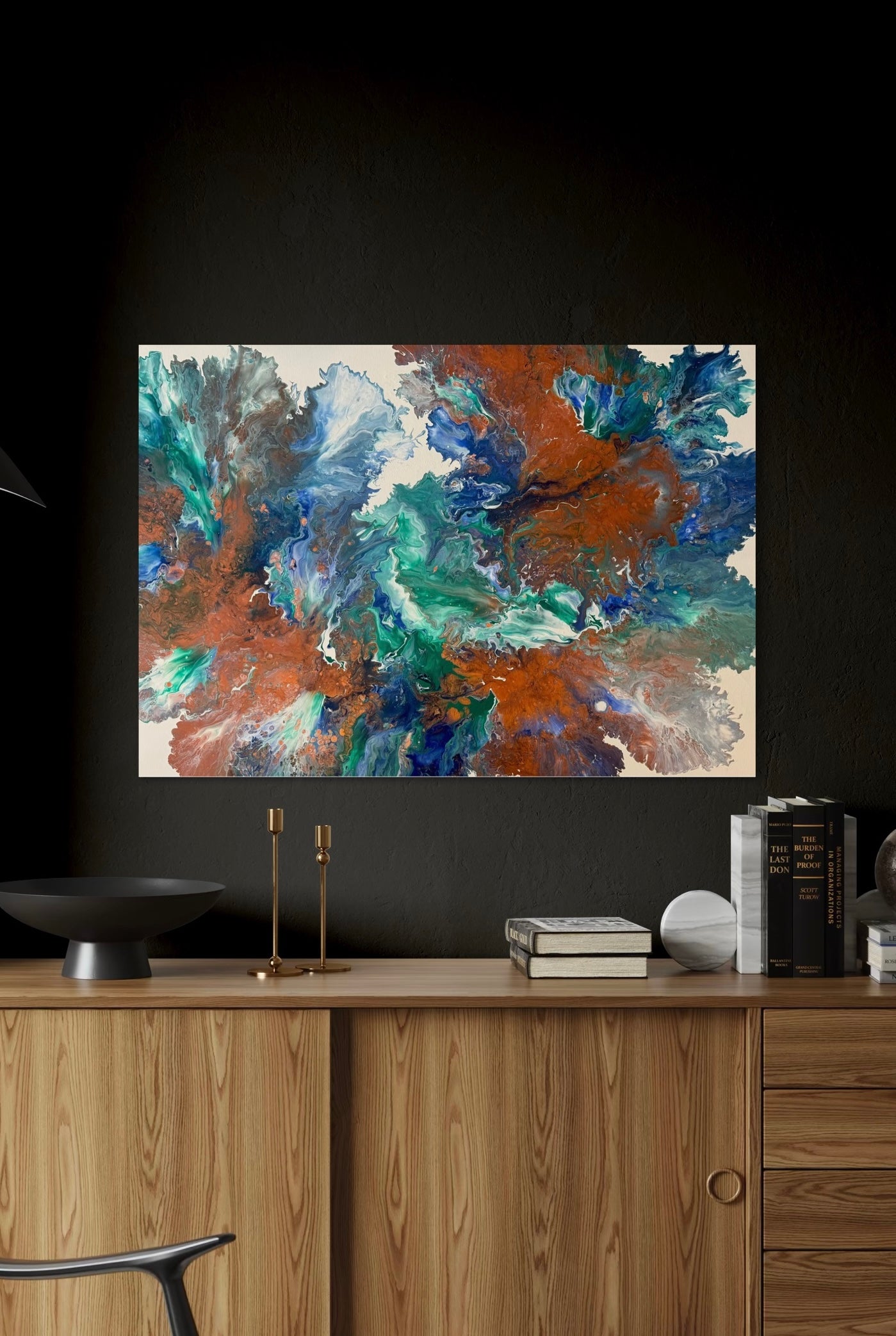 Abstract painting in shades of green, blue, white, and copper with flowing, marbled color gradients reminiscent of the harmonious dance of the elements.