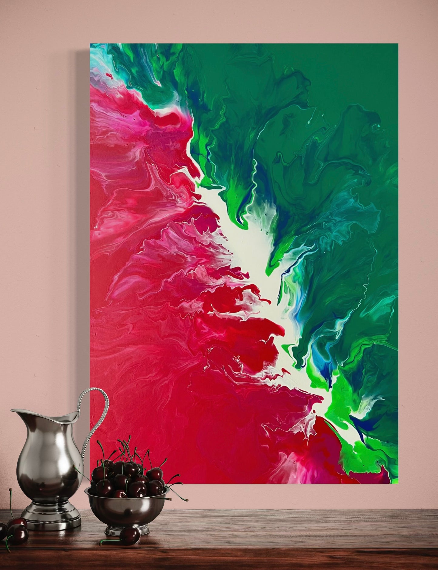 Abstract acrylic painting in bold shades of green and red with flowing transitions and dynamic color energy. The high-contrast composition is reminiscent of natural forces such as growth, fire, and movement, creating a lively tension between calm and intensity. Hand-painted, one-of-a-kind piece in the fluid art style—modern abstract art on canvas, ideal as an eye-catcher in contemporary living spaces and galleries.