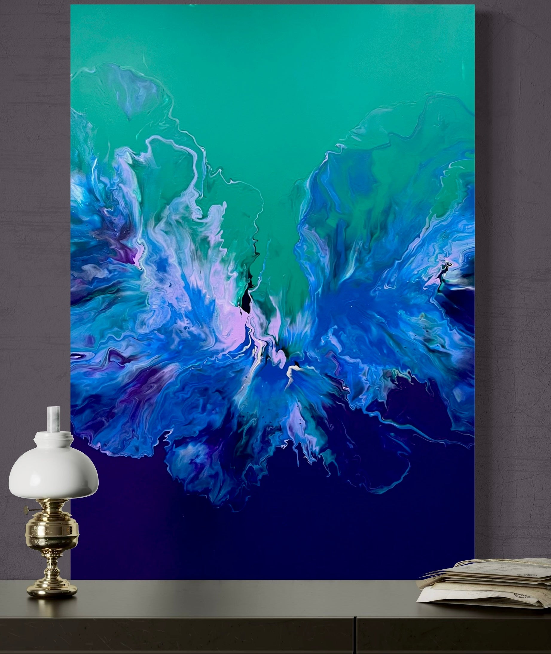 Abstract acrylic painting in intense shades of blue, turquoise, and green with flowing, ocean-like color gradients. The composition is reminiscent of water movements or natural formations and radiates calm, depth, and harmony. Hand-painted unique piece in the fluid art style—modern abstract painting on canvas, ideal as stylish wall decoration for contemporary living spaces or galleries.