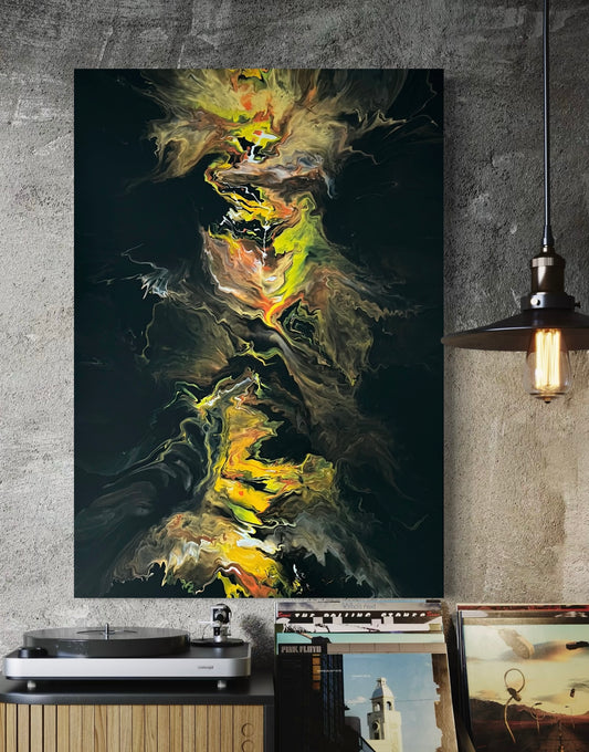Abstract acrylic painting with bright yellow, orange and black tones in a vertical flow technique - expressive fluid art artwork with fiery dynamics on a black background.