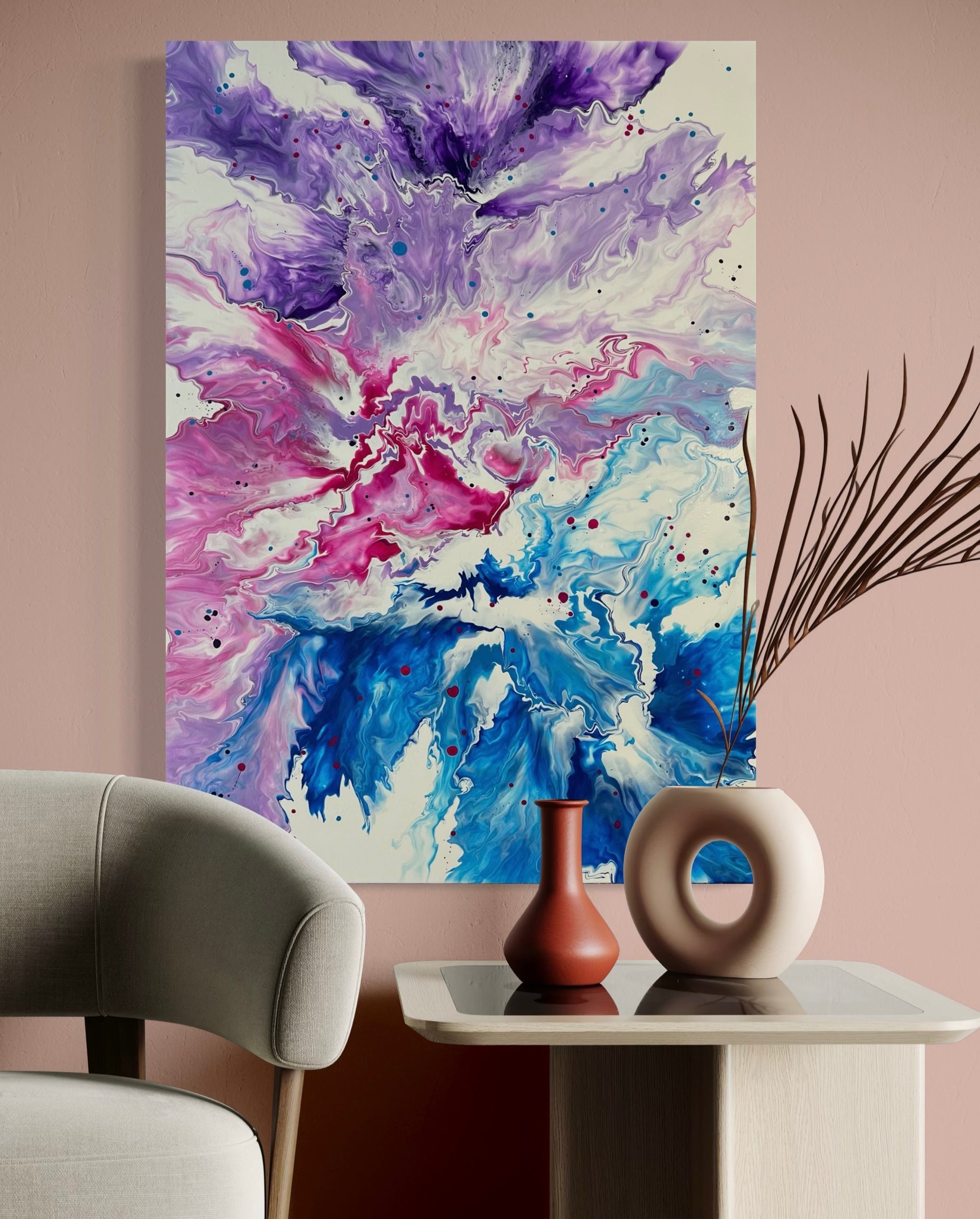 Abstract acrylic painting with lively flowing structures in purple, pink, blue and white on a light background - modern fluid art artwork with dynamic energy for stylish interiors.