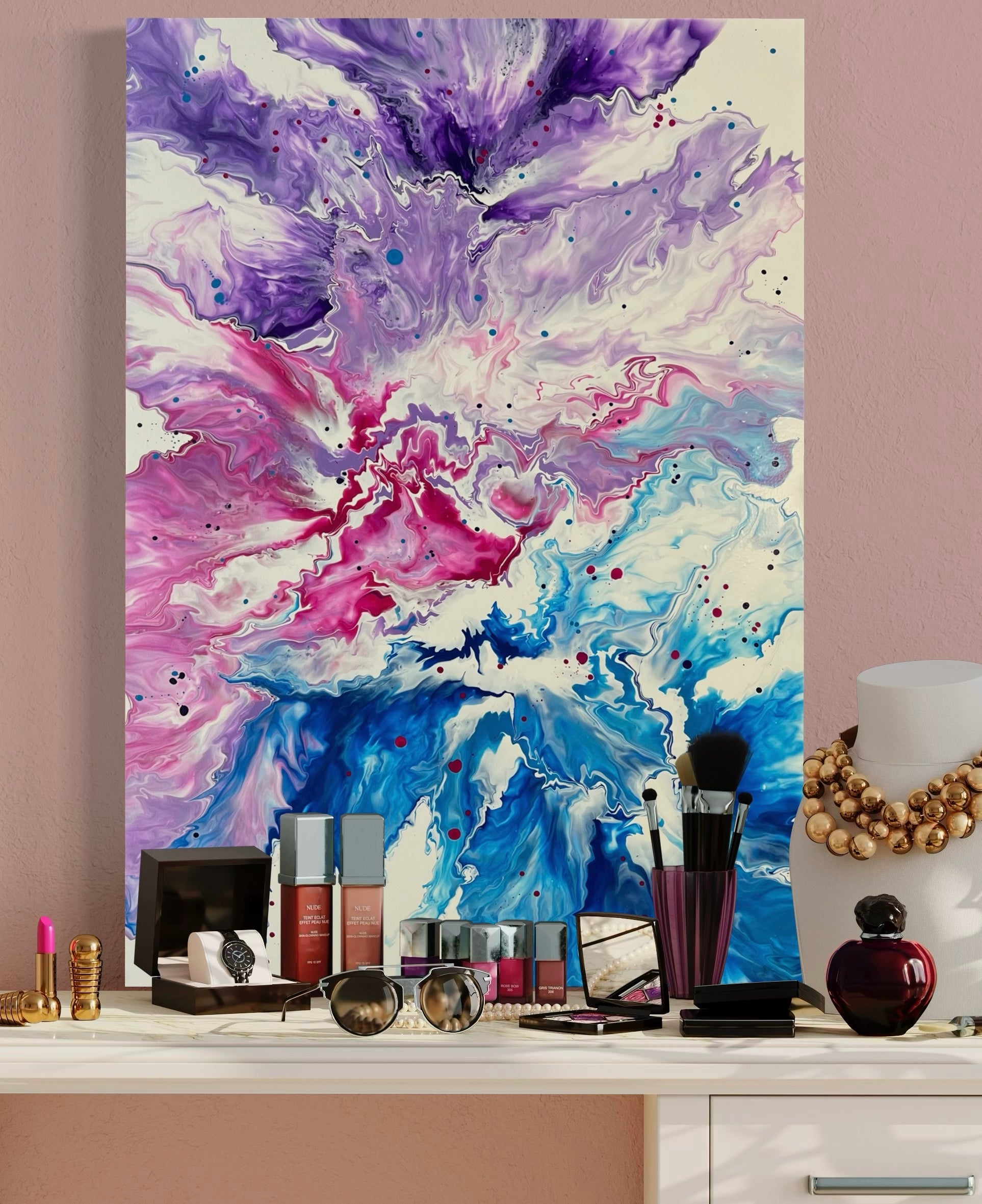 Abstract acrylic painting with lively flowing structures in purple, pink, blue and white on a light background - modern fluid art artwork with dynamic energy for stylish interiors.