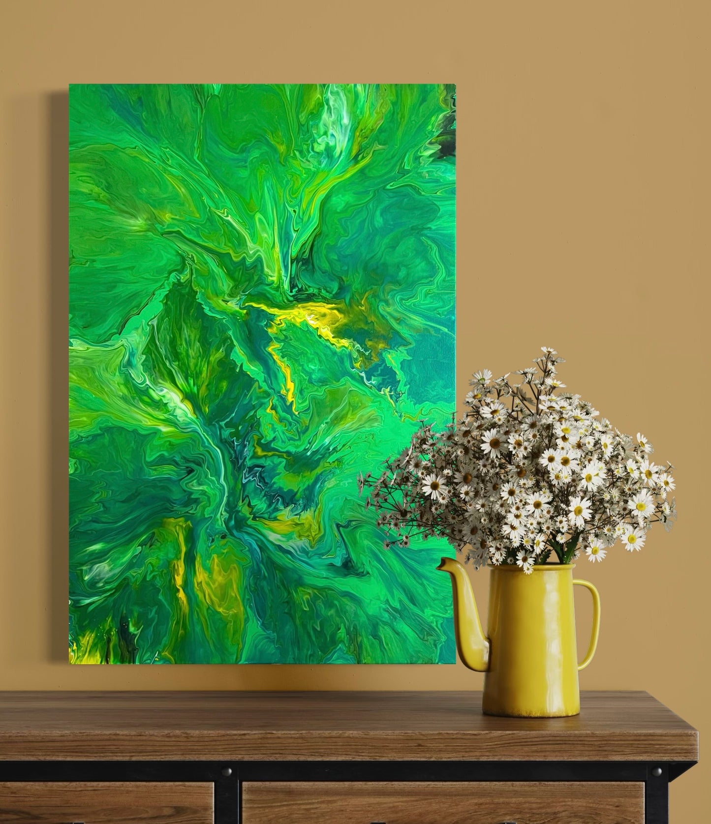 Abstract acrylic painting in vibrant green tones with yellow accents and dynamic flowing structure - modern fluid art artwork with organic energy for stylish interior design.