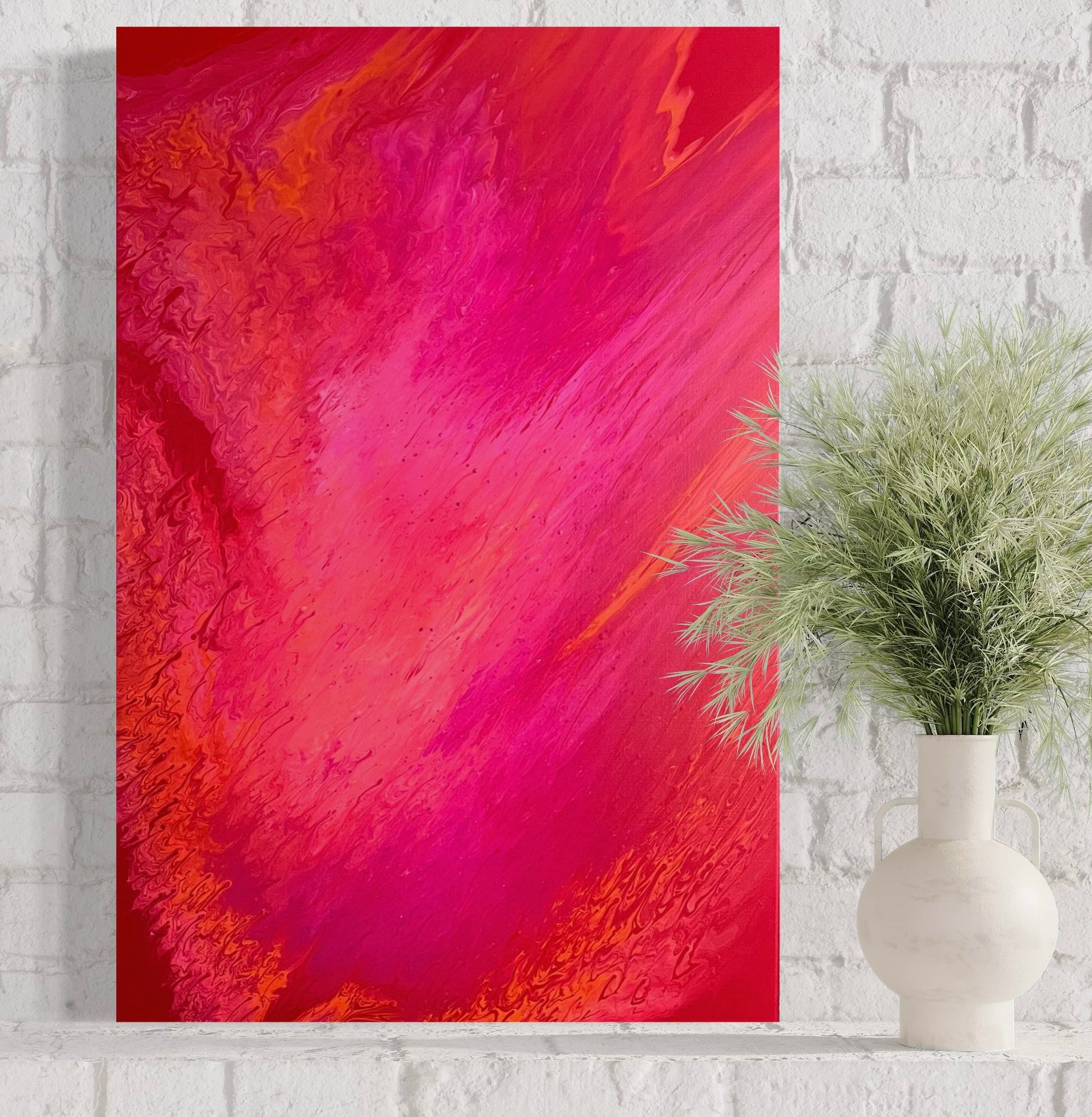 Modern acrylic painting in bold reds, pinks and oranges with smooth transitions and dynamic structure - minimalist fluid art artwork for stylish wall design.