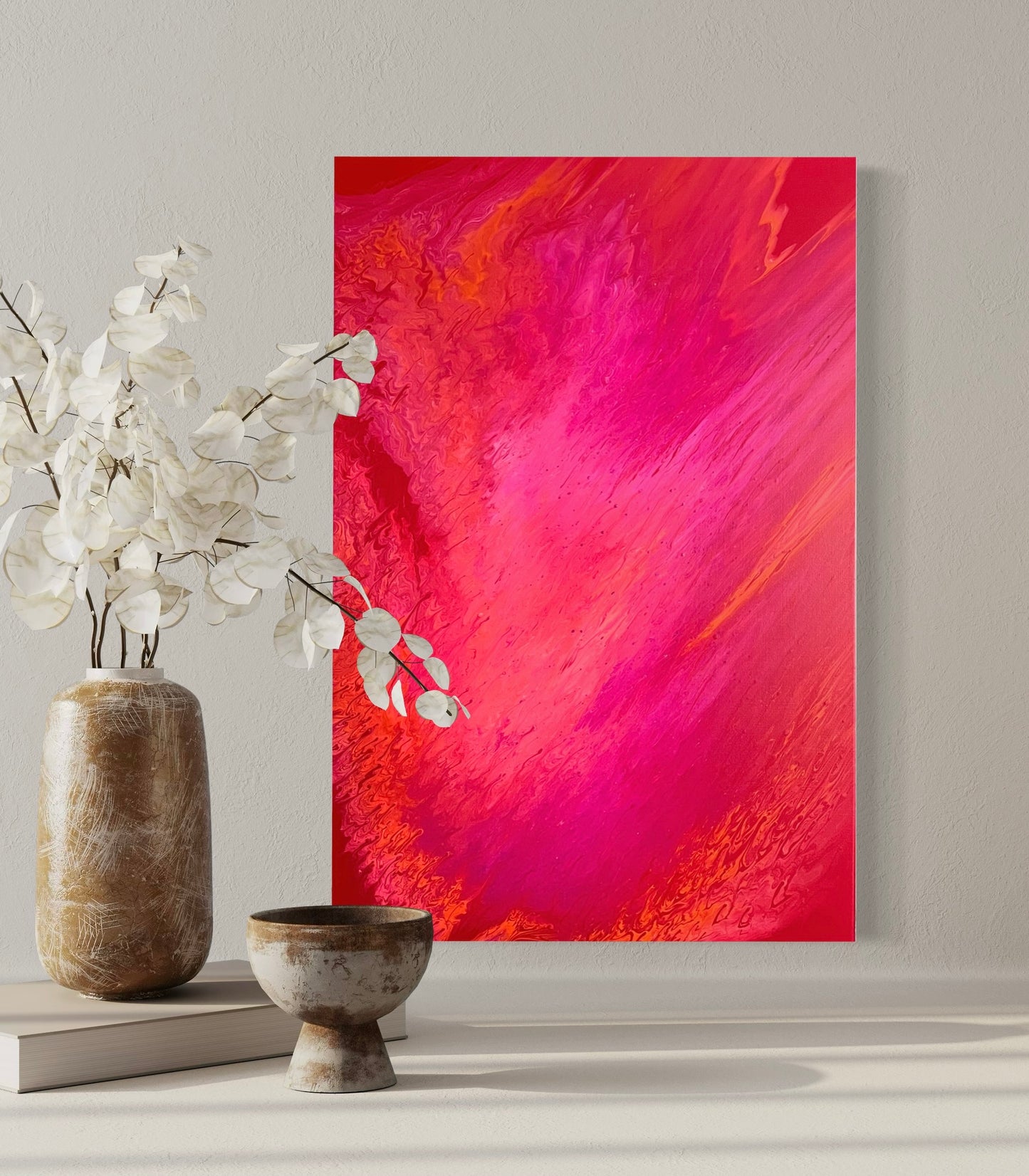 Modern acrylic painting in bold reds, pinks and oranges with smooth transitions and dynamic structure - minimalist fluid art artwork for stylish wall design.