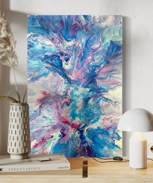 Expressive acrylic painting with marbled structures in shades of blue, turquoise, purple and pink on canvas - abstract wall art in a modern living style with fluid art technique.